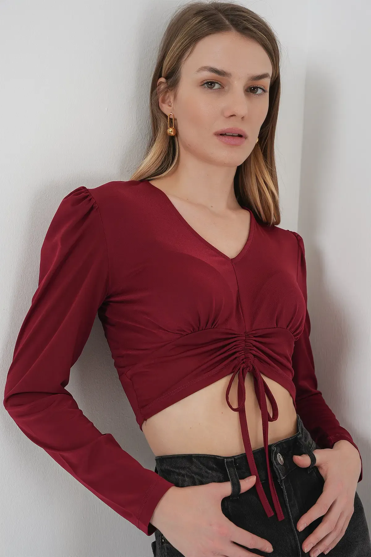 936 Sandy Crop Bluz - Bordo