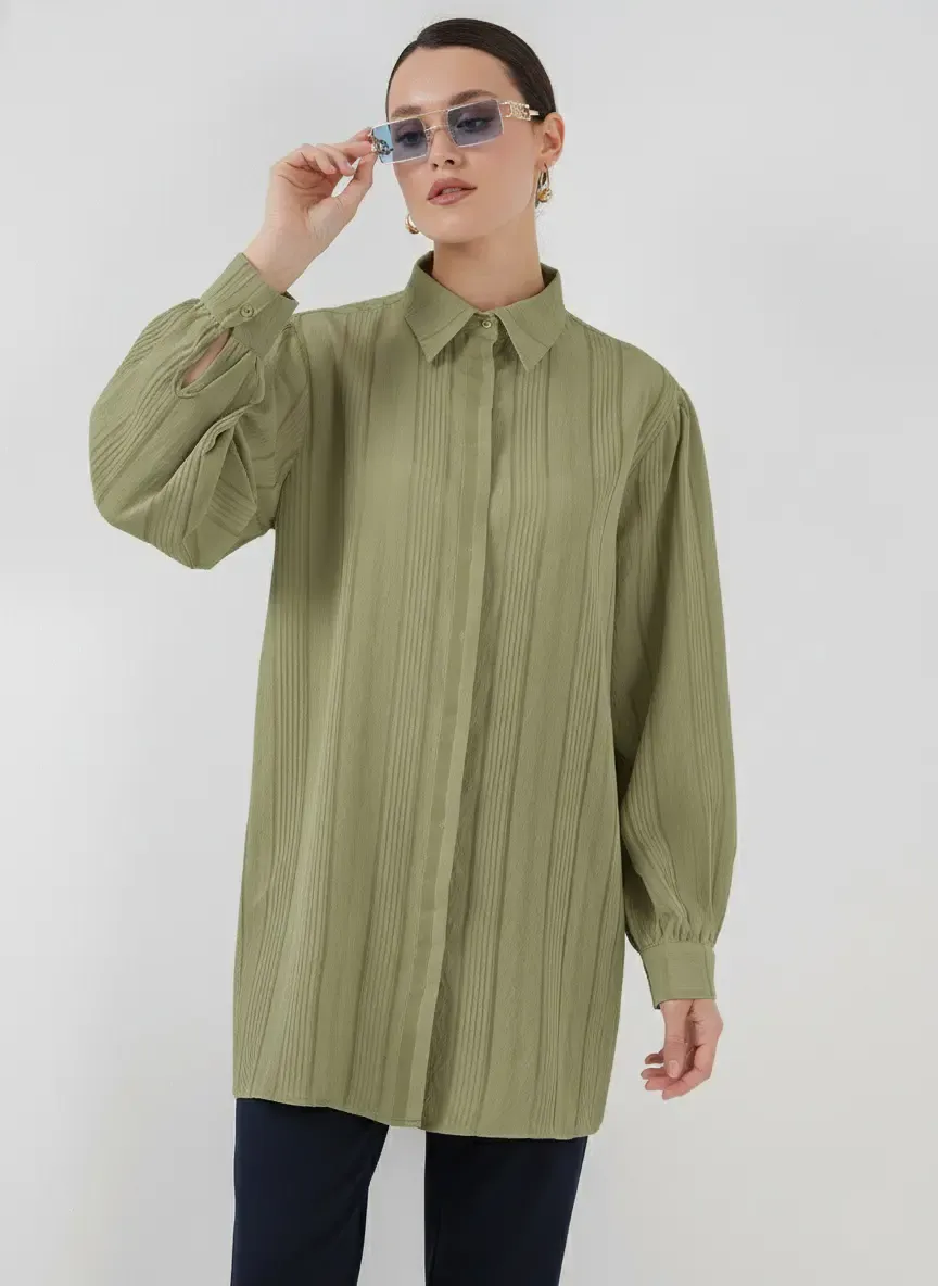 Çizgili Uzun Gömlek Tunik 5947 - Çağla