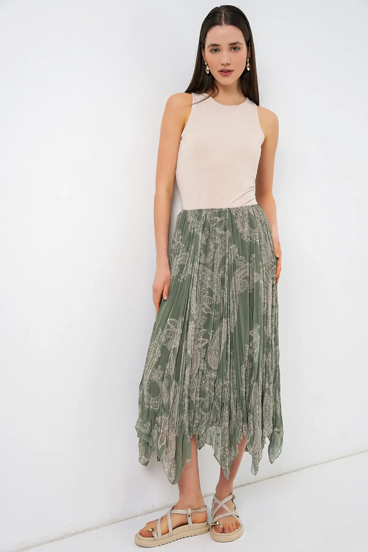 Kadın Asimetrik Tül Şifon Etek 8061 - Çağla