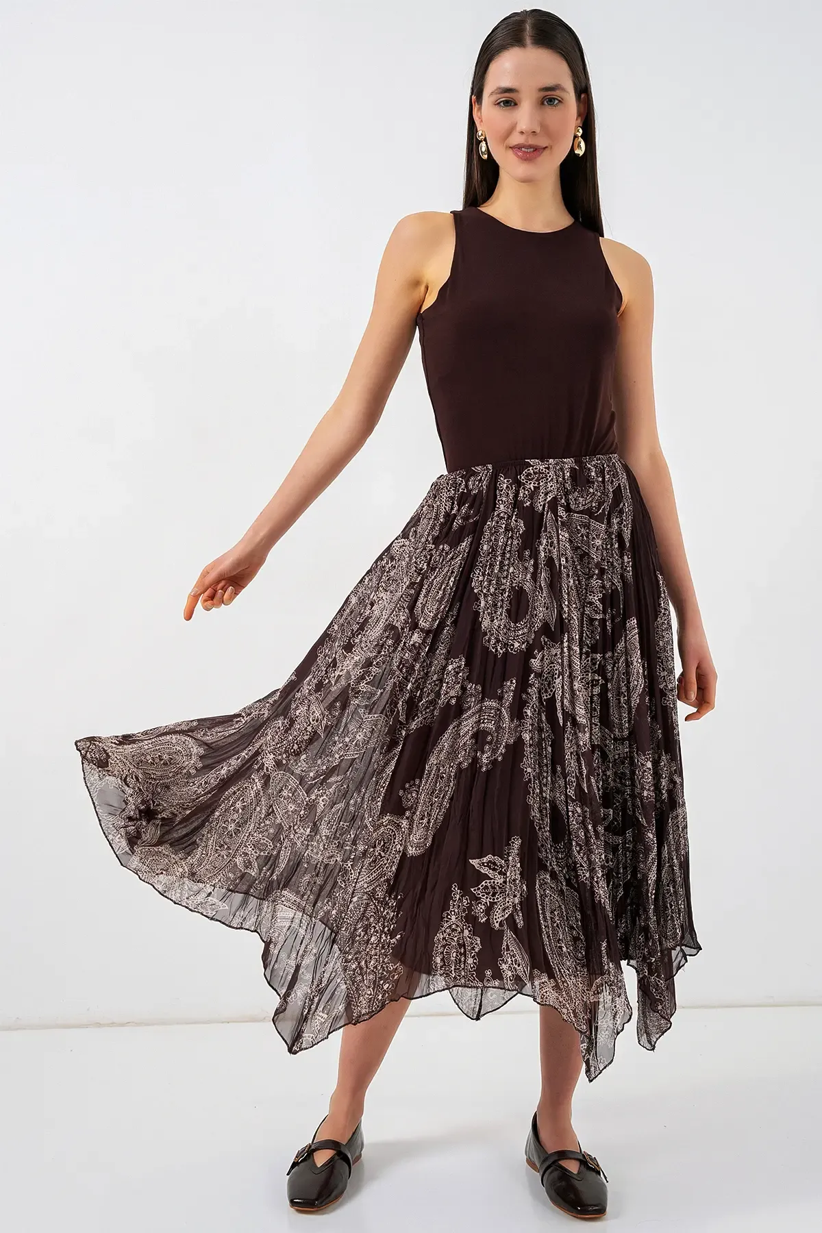 Kadın Asimetrik Tül Şifon Etek 8061 - Kahverengi