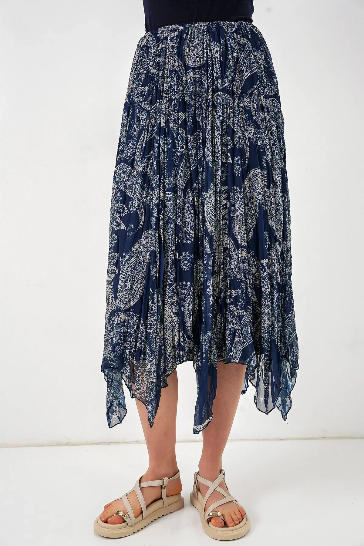 Kadın Asimetrik Tül Şifon Etek 8061 - Lacivert
