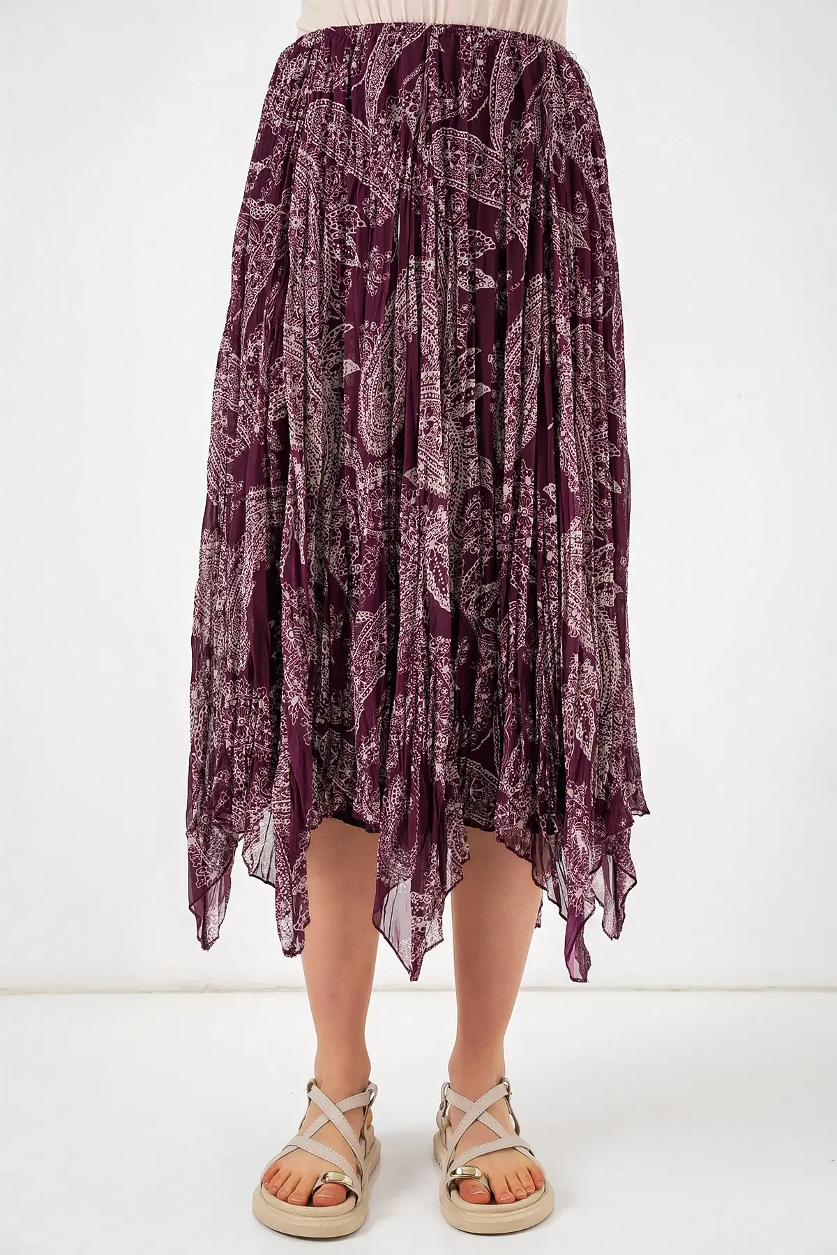 Kadın Asimetrik Tül Şifon Etek 8061 - Mürdüm