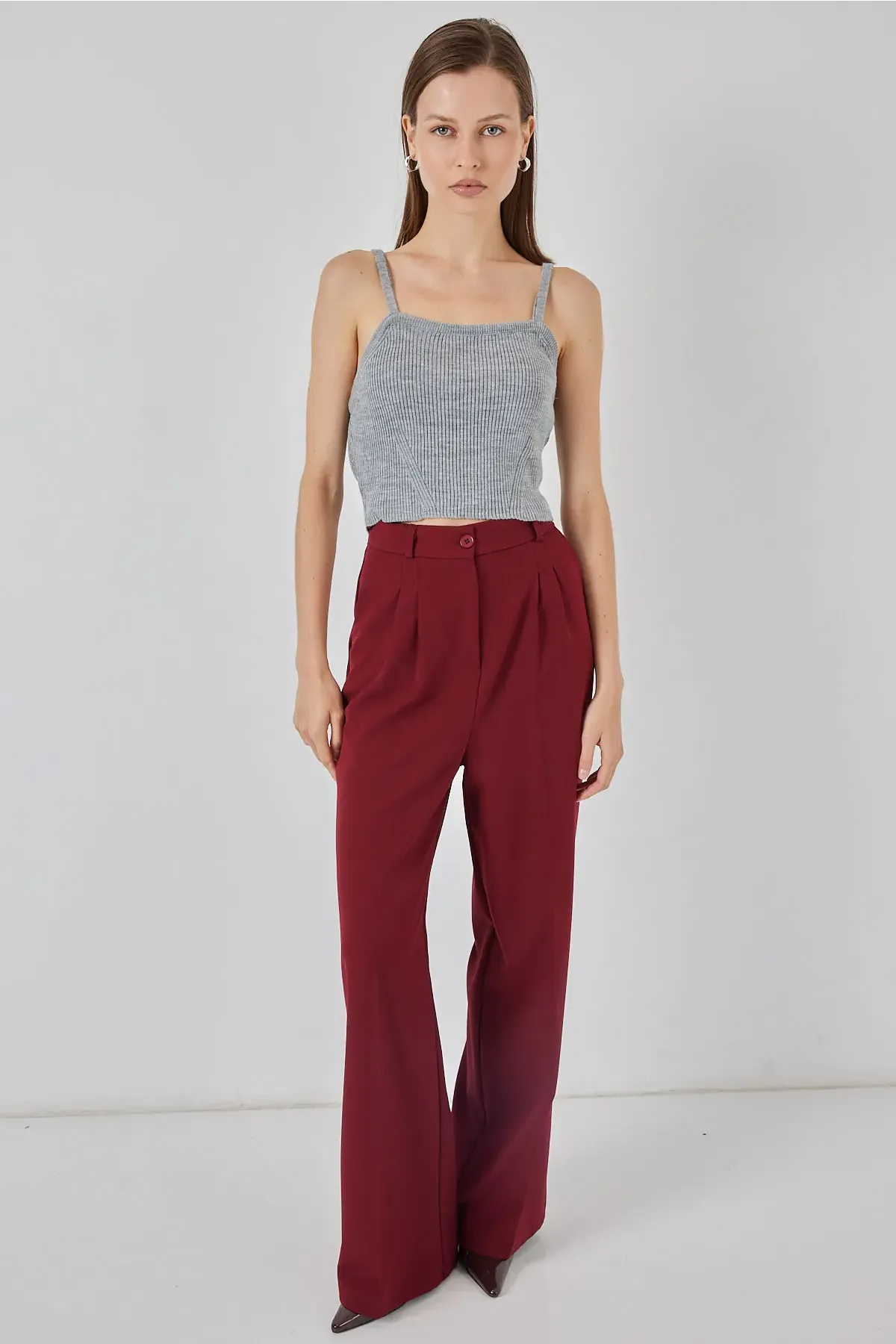 Kadın Askılı Crop Top Bluz 15934 - Gri