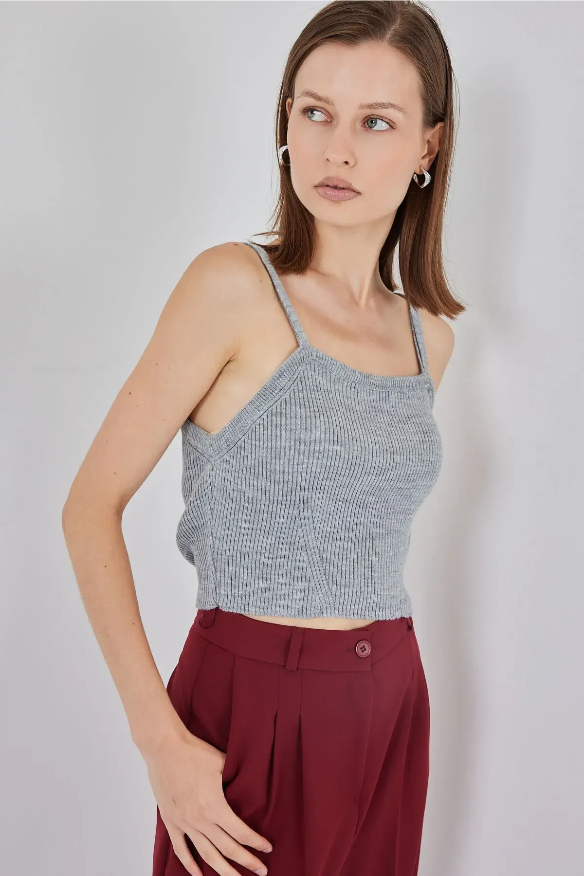 Kadın Askılı Crop Top Bluz 15934 - Gri
