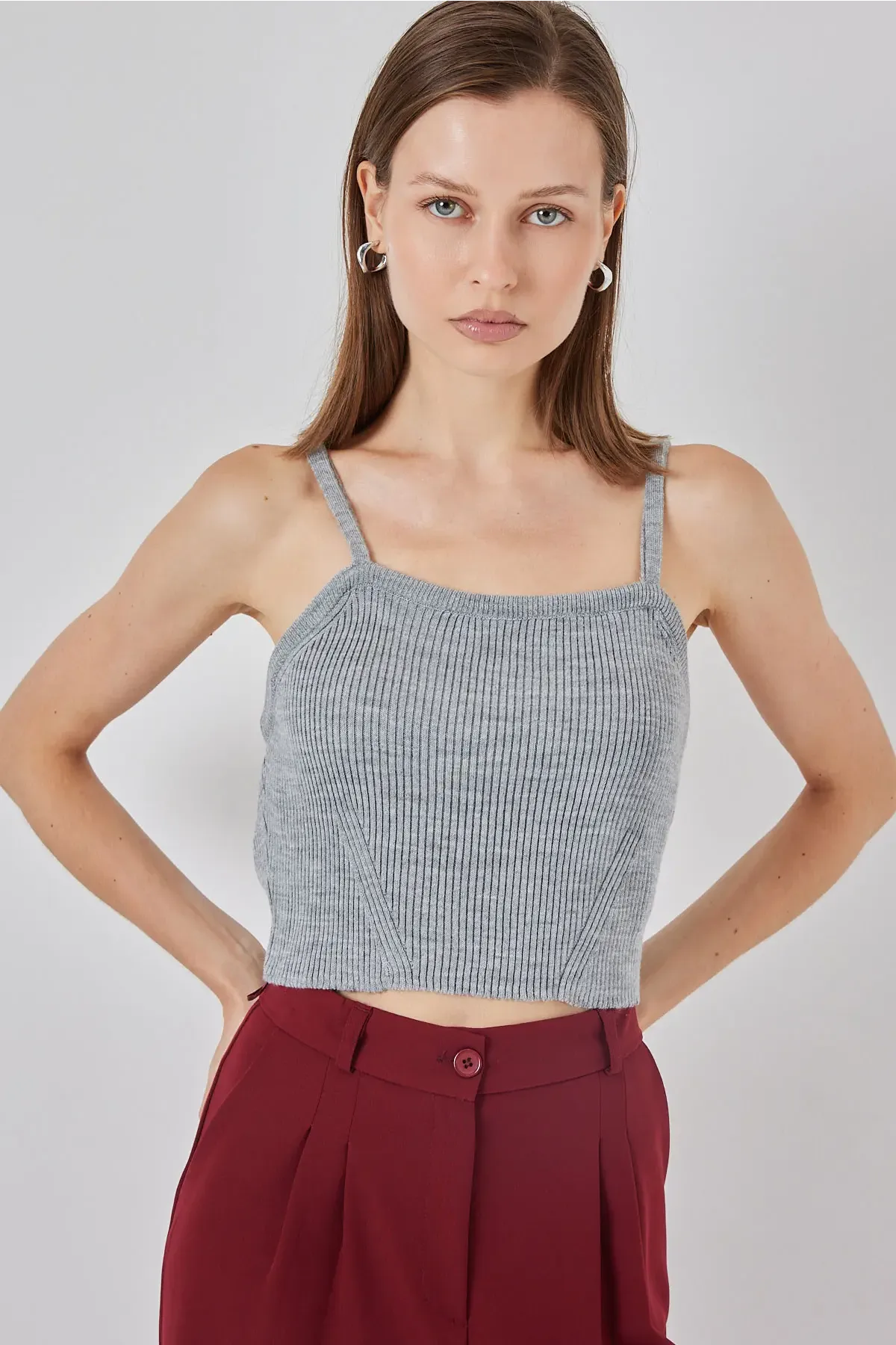 Kadın Askılı Crop Top Bluz 15934 - Gri