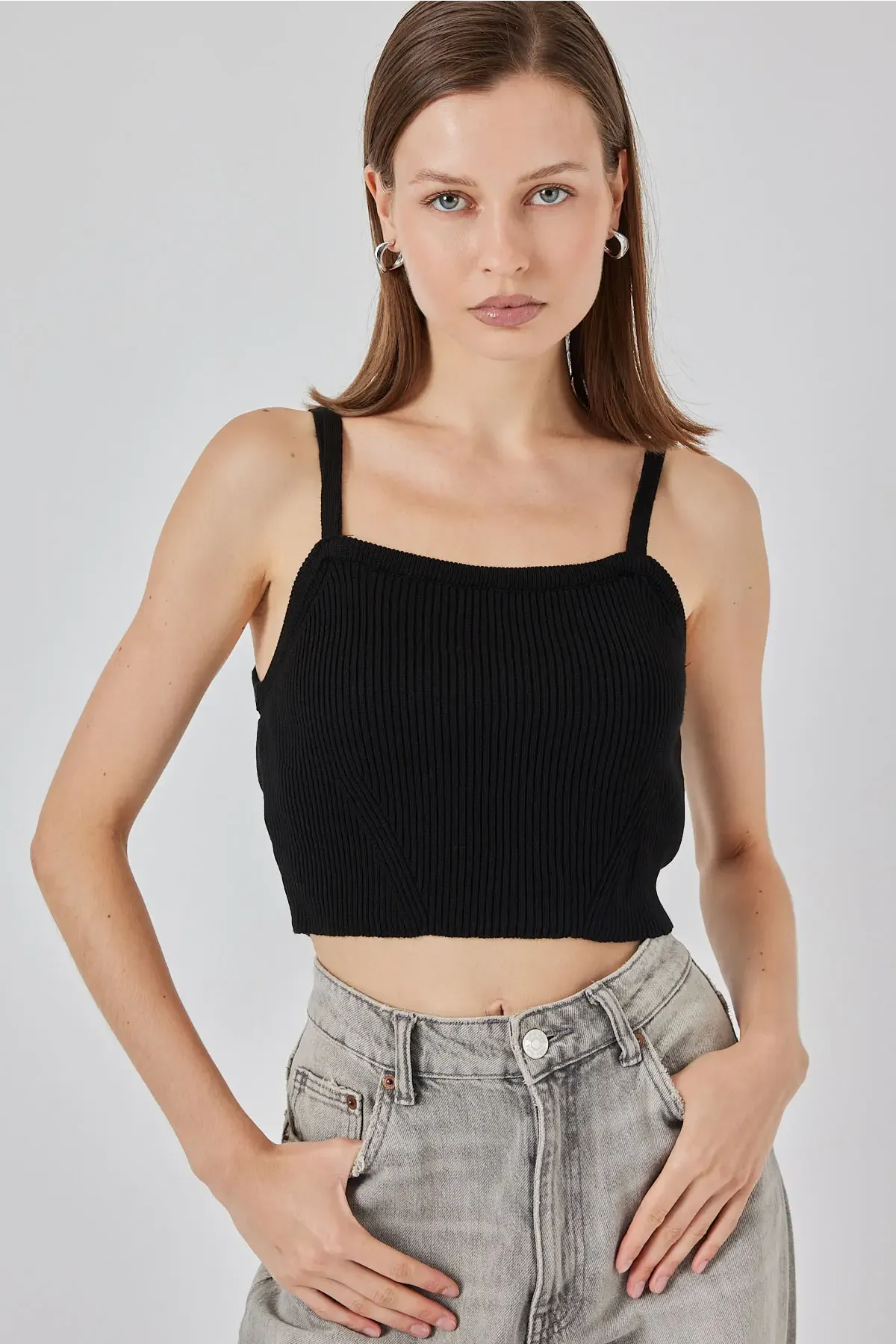 Kadın Askılı Crop Top Bluz 15934 - Siyah