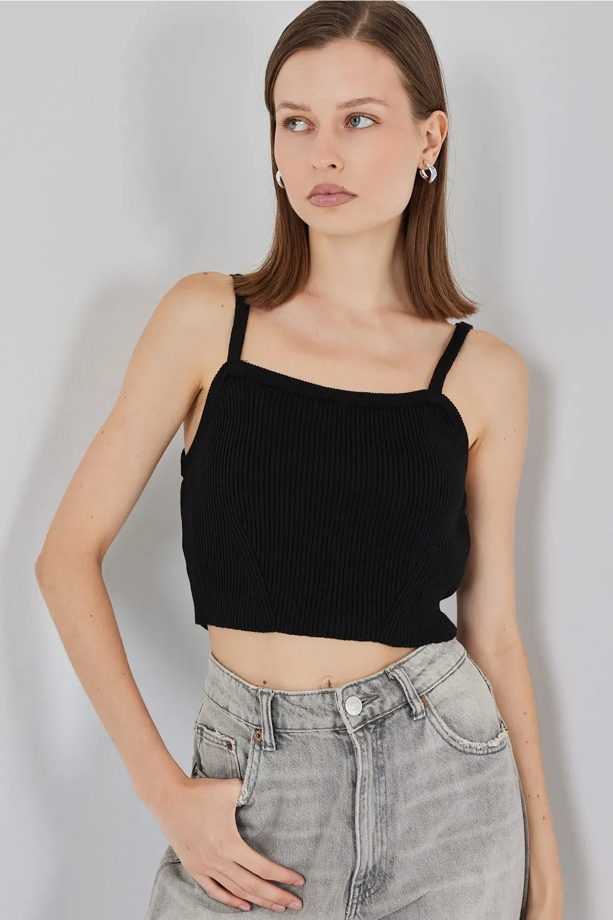 Kadın Askılı Crop Top Bluz 15934 - Siyah