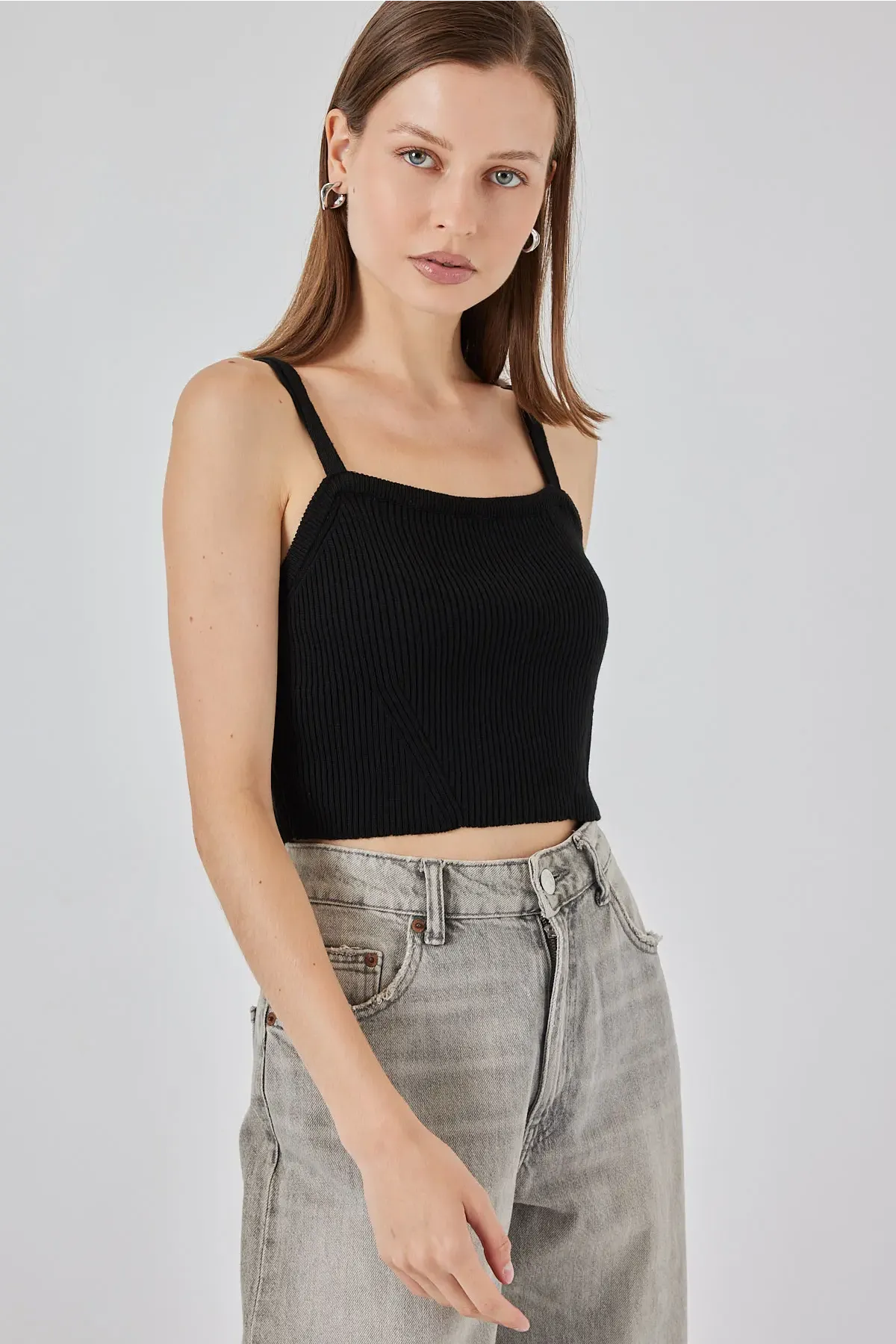 Kadın Askılı Crop Top Bluz 15934 - Siyah