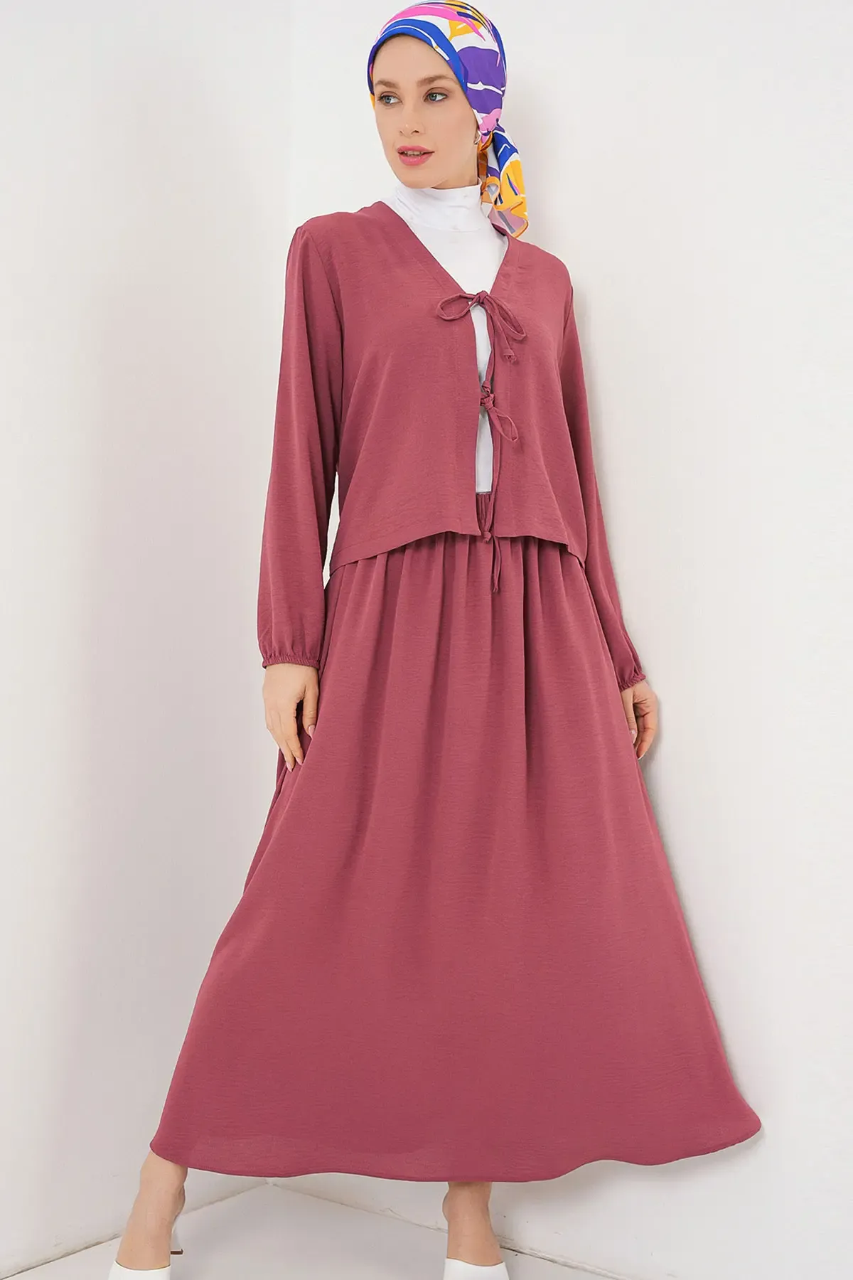 Kadın Ayrobin Kimono Etek İkili Takım 8047 - Gül Kurusu
