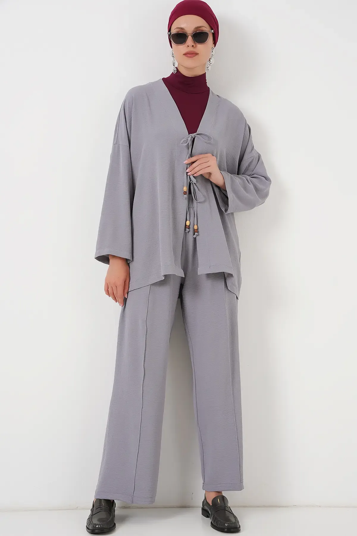Kadın Ayrobin Kimono Pantolon İkili Takım 6739 - Gri