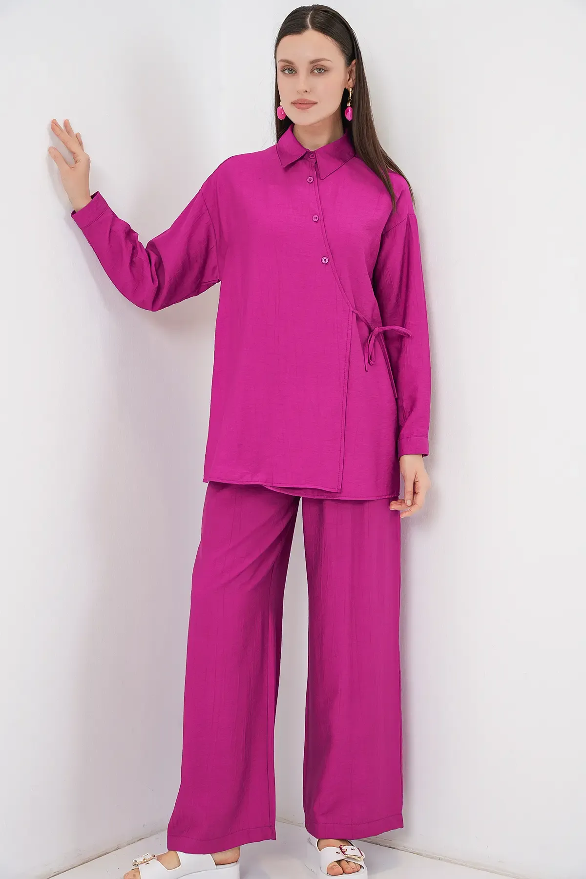 Kadın Bağcıklı Tunik Pantolon İkili Takım 6752 - Fuşya