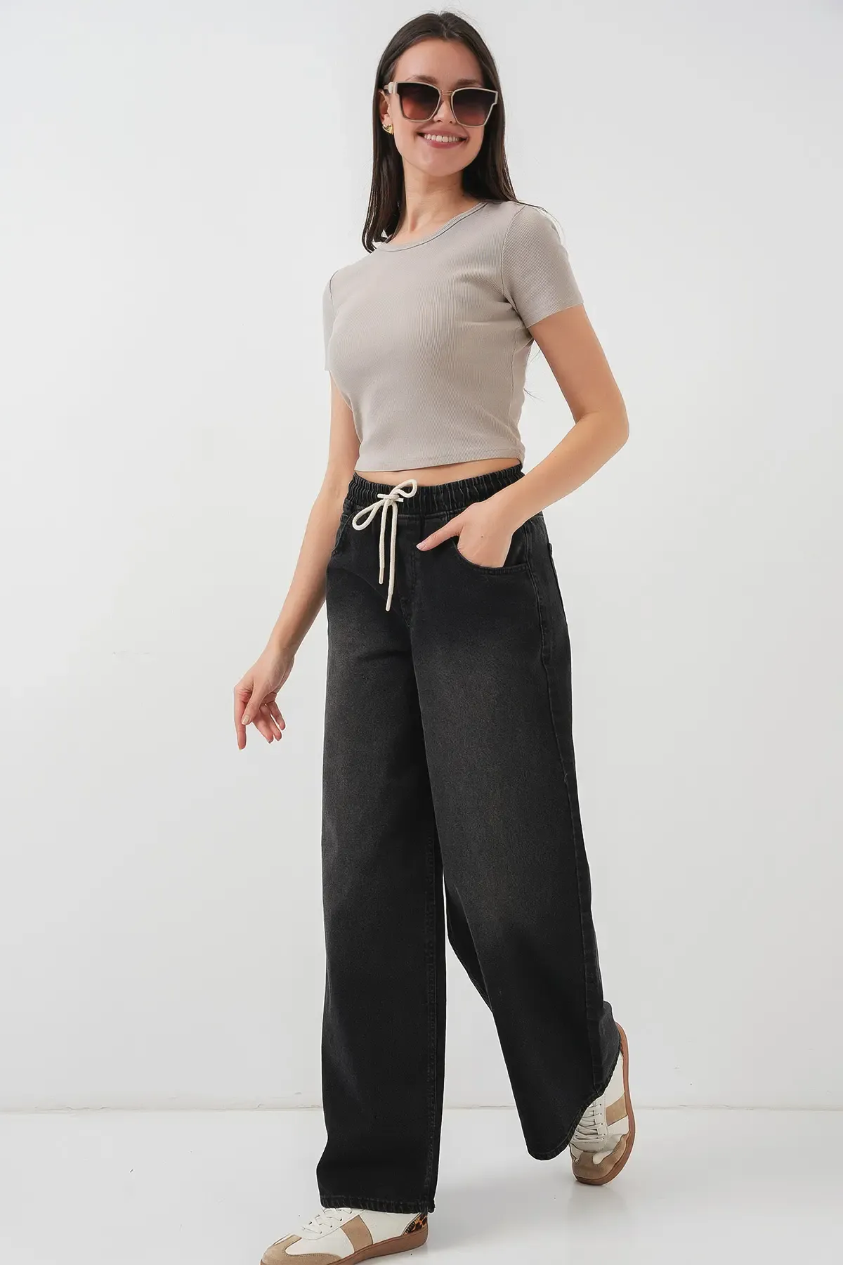 Kadın Bol Paça Kot Pantolon 6705 - Siyah