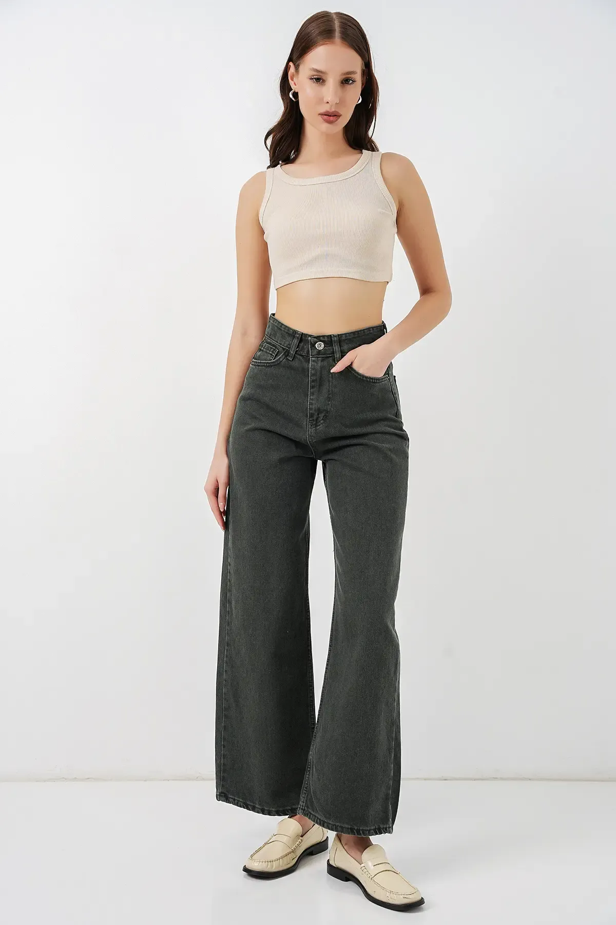 Kadın Bol Paça Yüksek Bel Palazzo Kot Pantolon 6656 - Yeşil