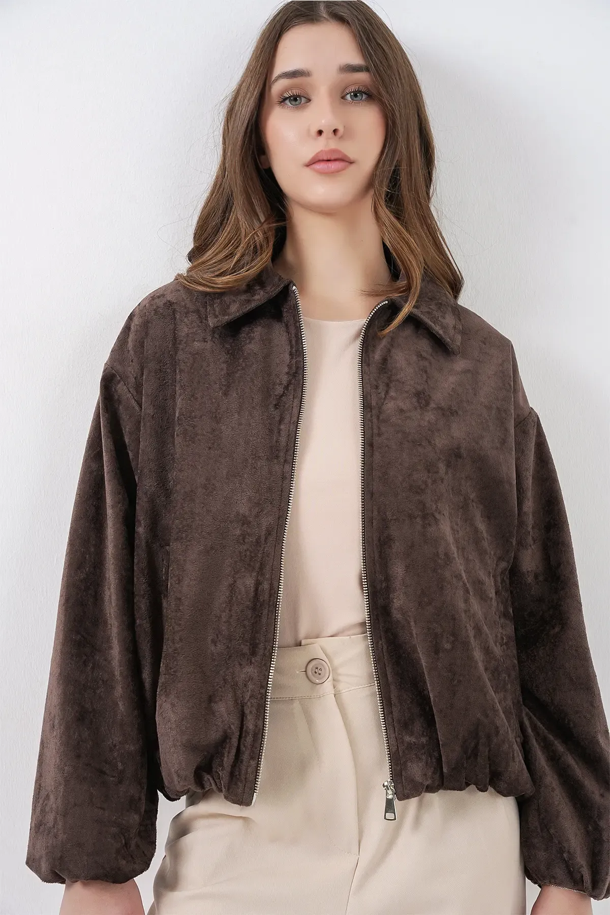 Kadın Büzgülü Oversize Kadife Ceket 0733 - Kahverengi