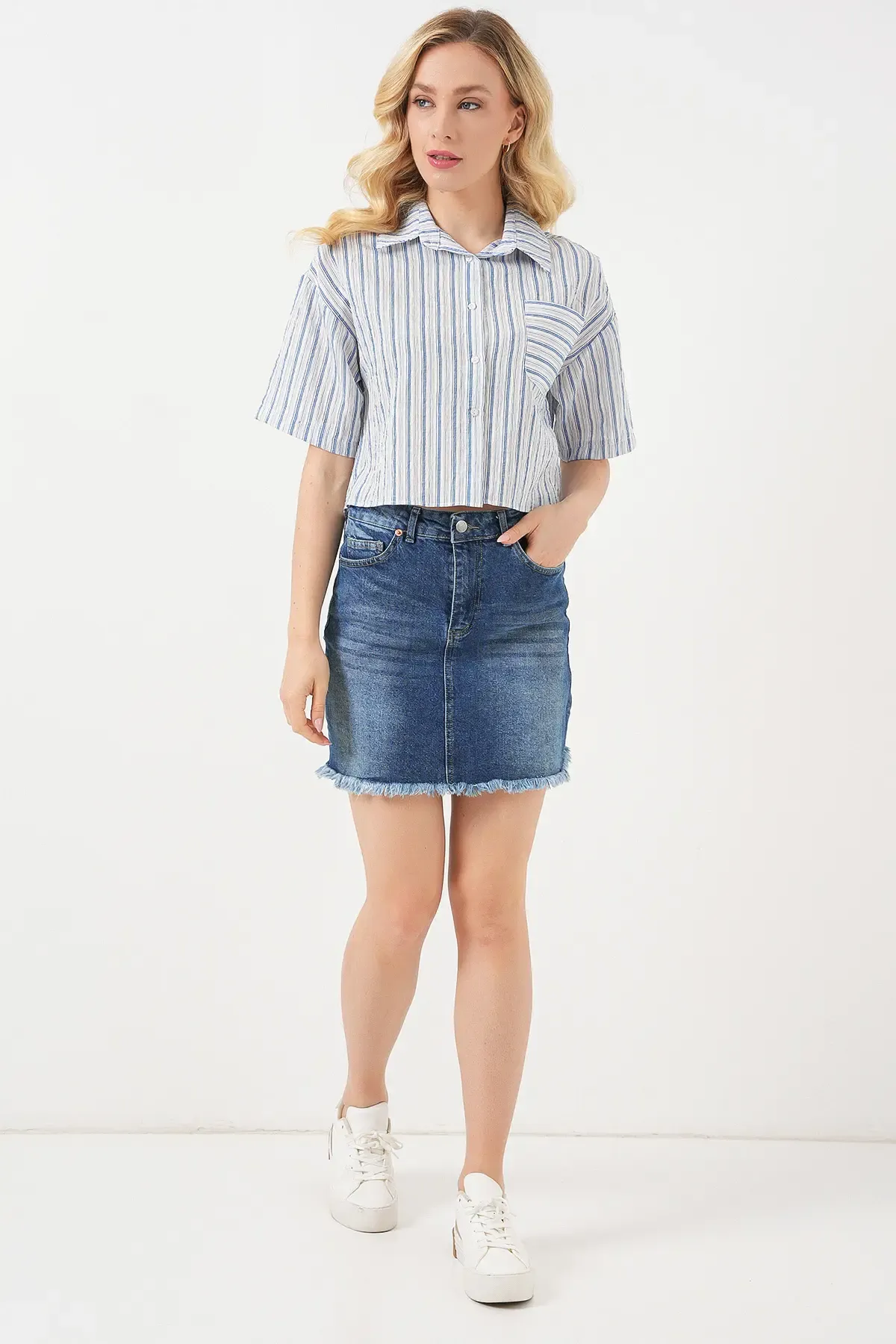 Kadın Çizgili Crop Gömlek 20342 - Mavi