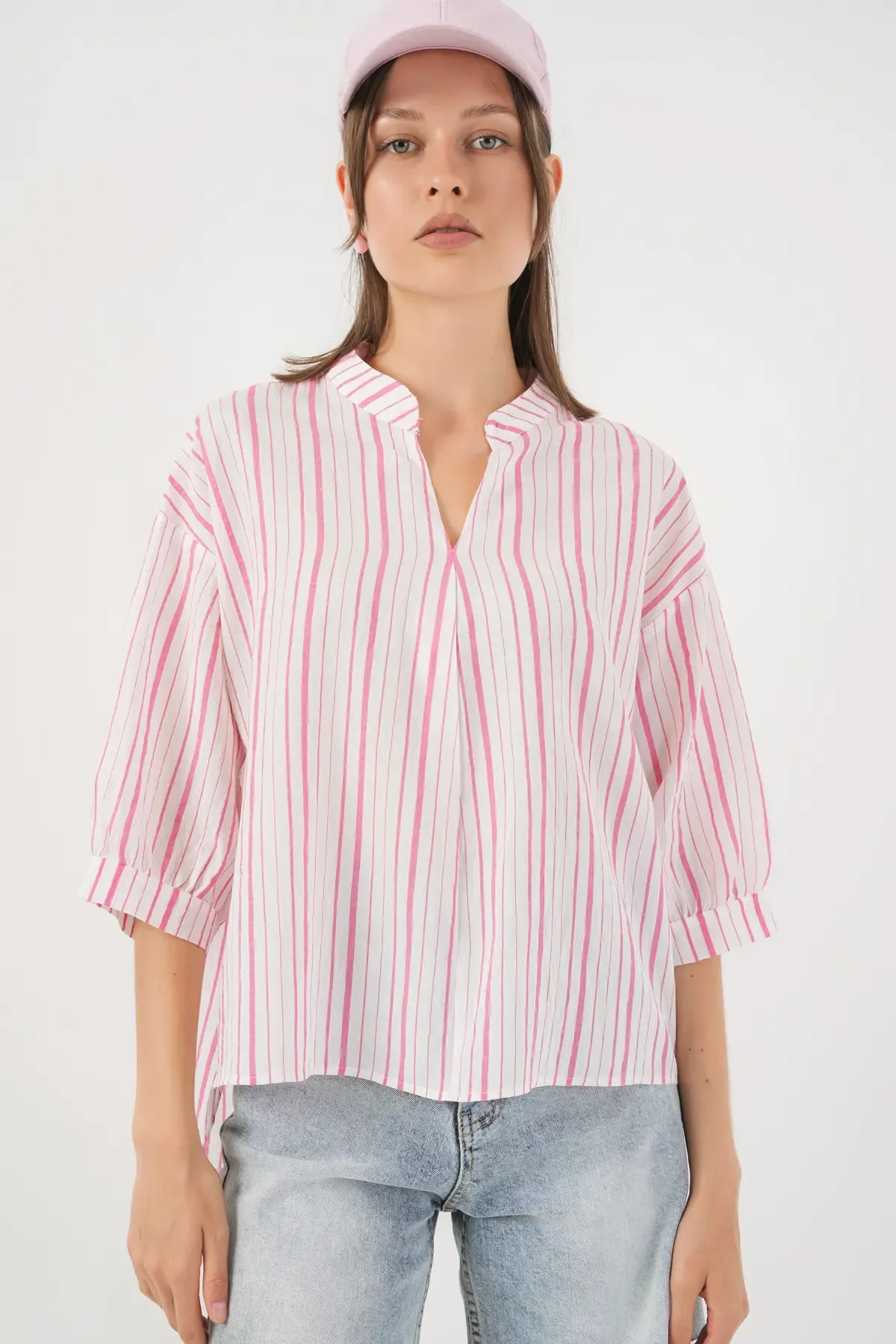 Kadın Çizgili Oversize Bluz 967 - Pudra