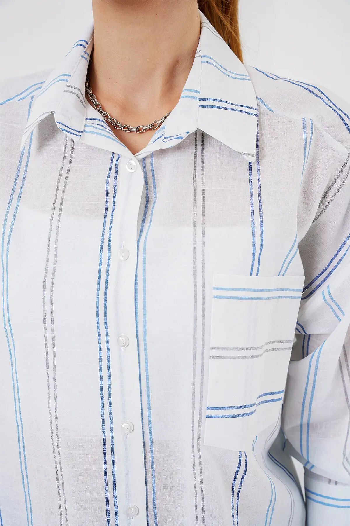 Kadın Çizgili Oversize Gömlek 20278 - Beyaz