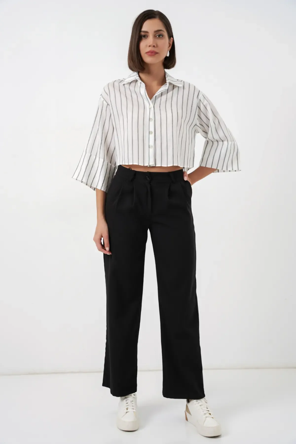 Kadın Çizgili Oversize Kısa Gömlek 20326 - B.Beyaz