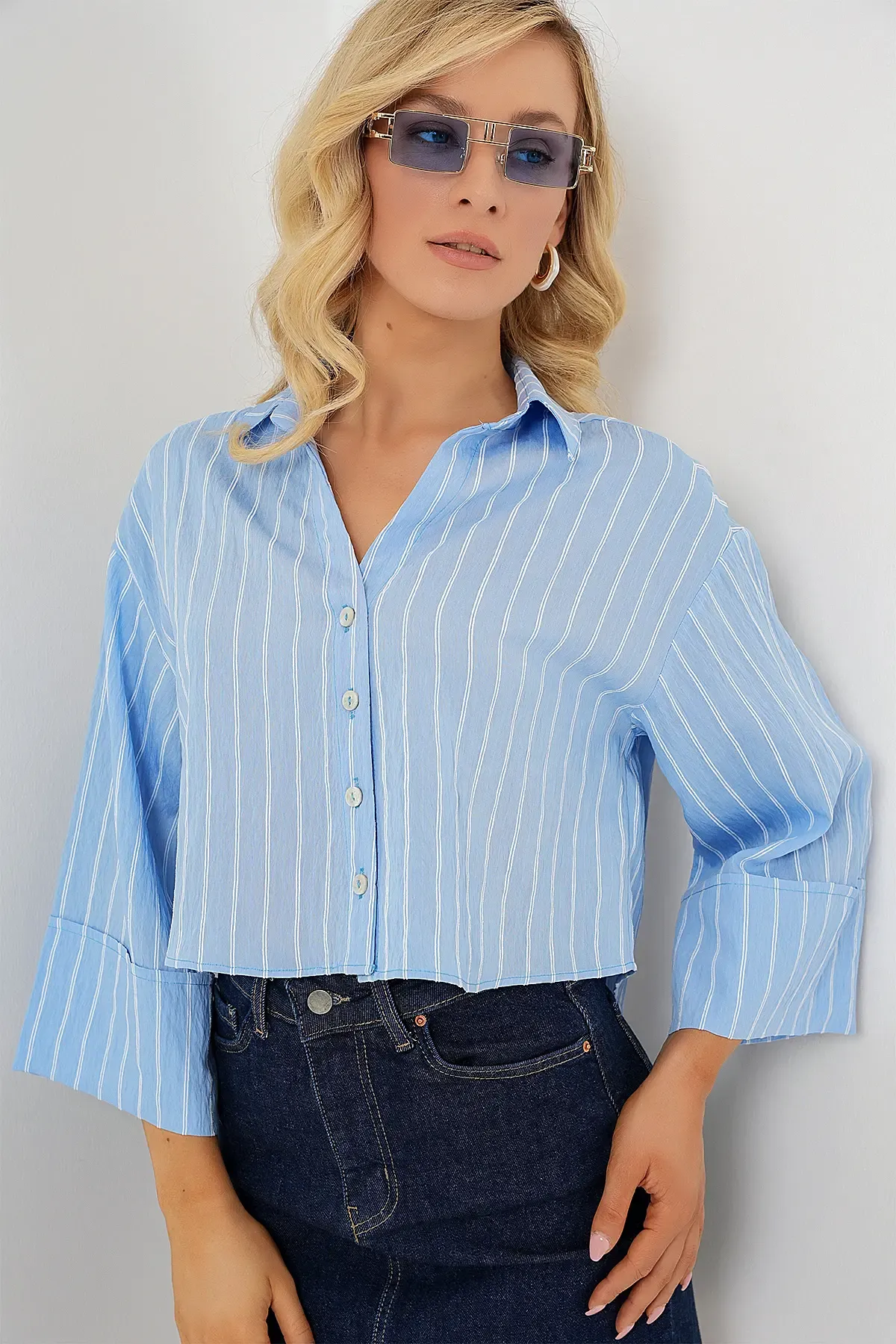 Kadın Çizgili Oversize Kısa Gömlek 20326 - Mavi