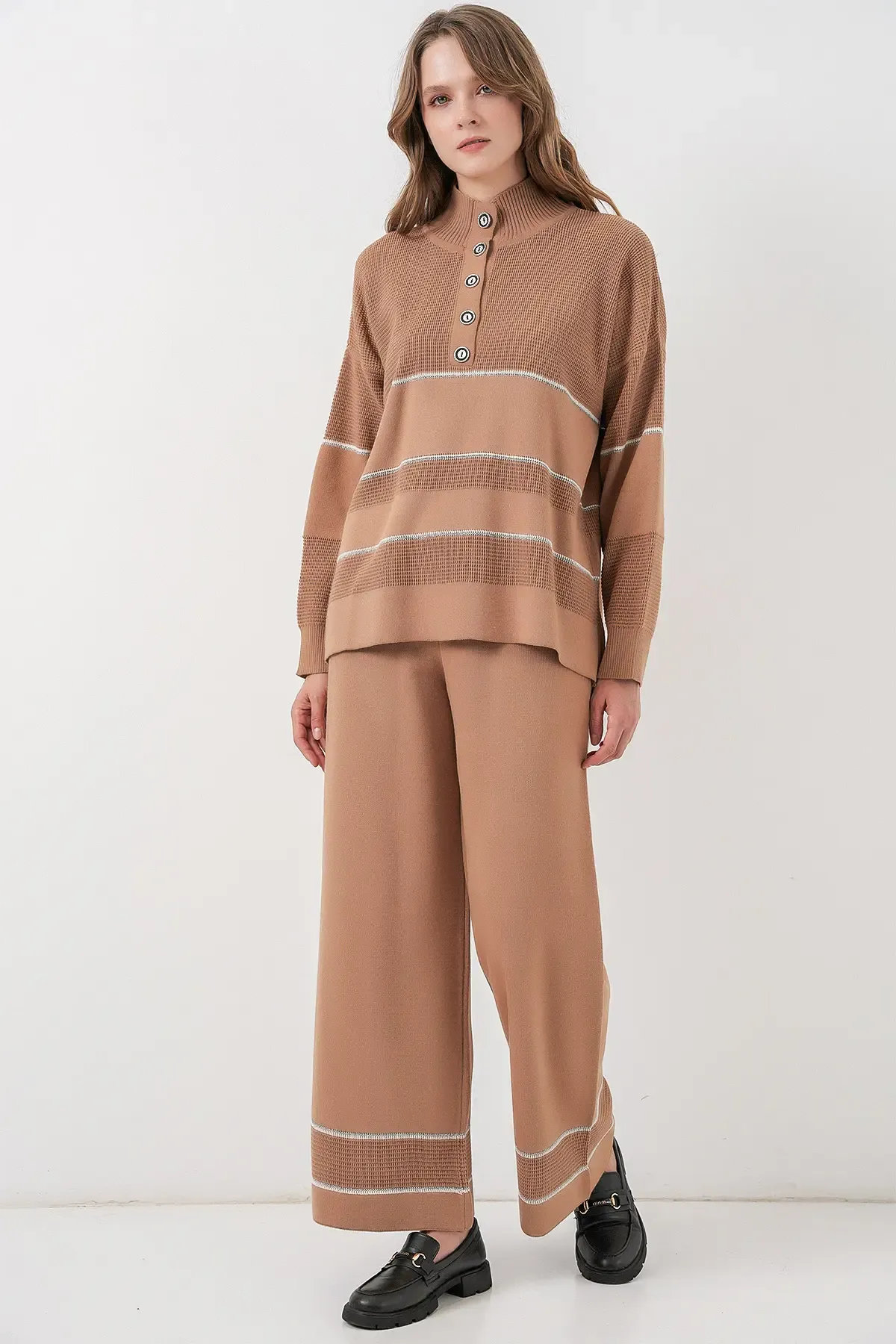 Kadın Çizgili Oversize Triko İkili Takım 15957 - Camel