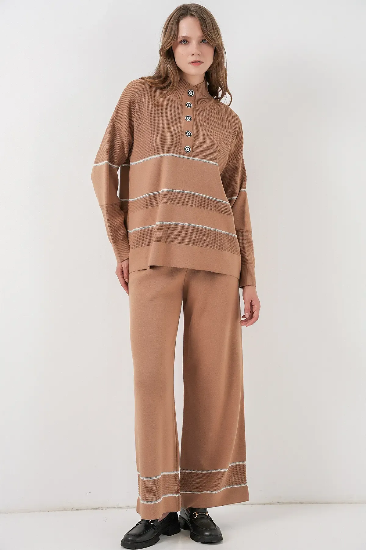 Kadın Çizgili Oversize Triko İkili Takım 15957 - Camel