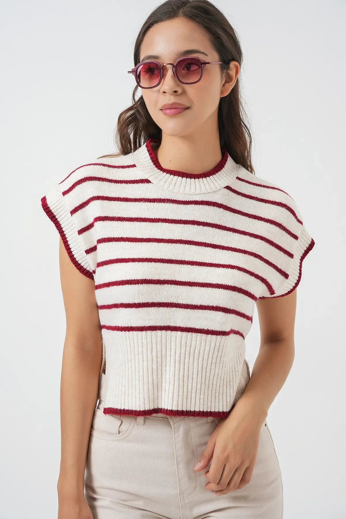 Kadın Çizgili Triko Süveter 15926 - Bordo