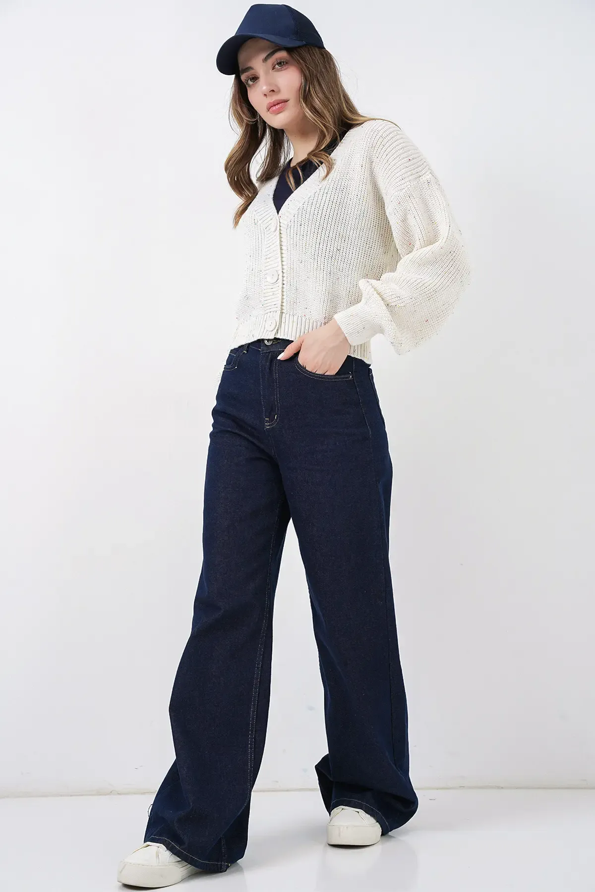 Kadın Crop Triko Hırka 15955 - Ekru