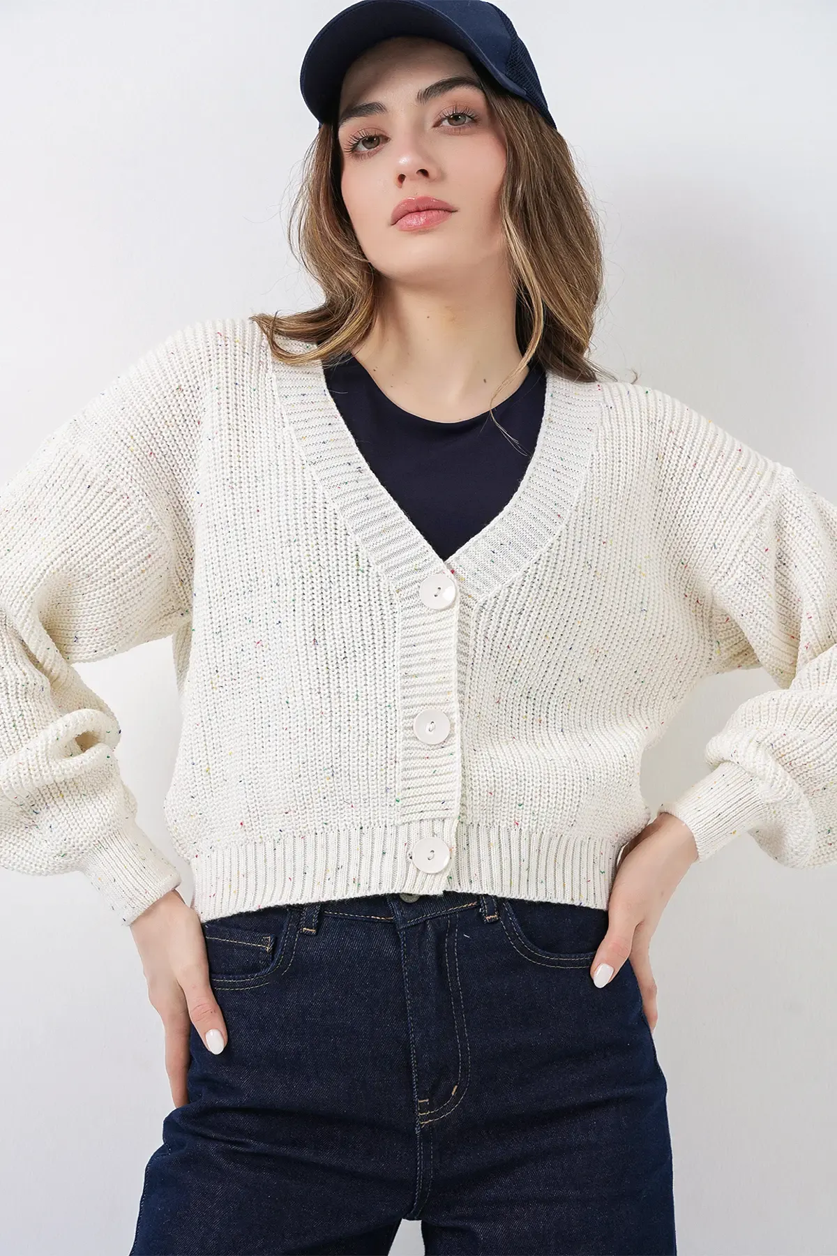 Kadın Crop Triko Hırka 15955 - Ekru