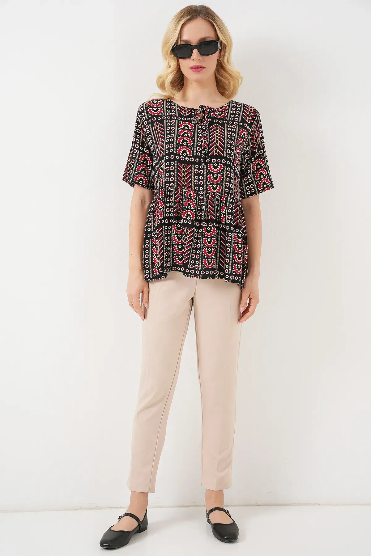 Kadın Desenli Kısa Kol Bluz 969 - Siyah