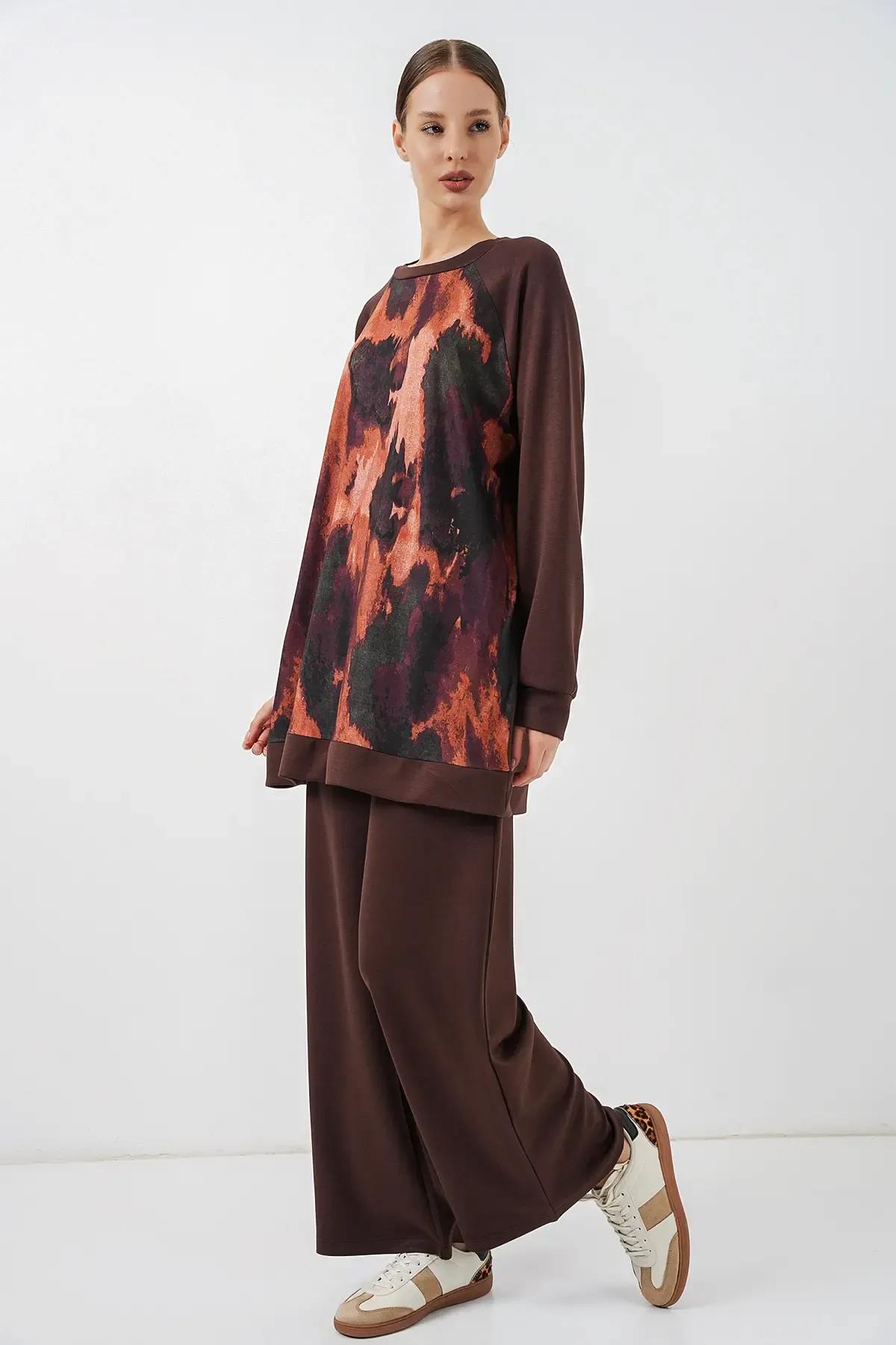 Kadın Desenli Oversize Tunik Pantolon İkili Takım 55462 - Kahverengi