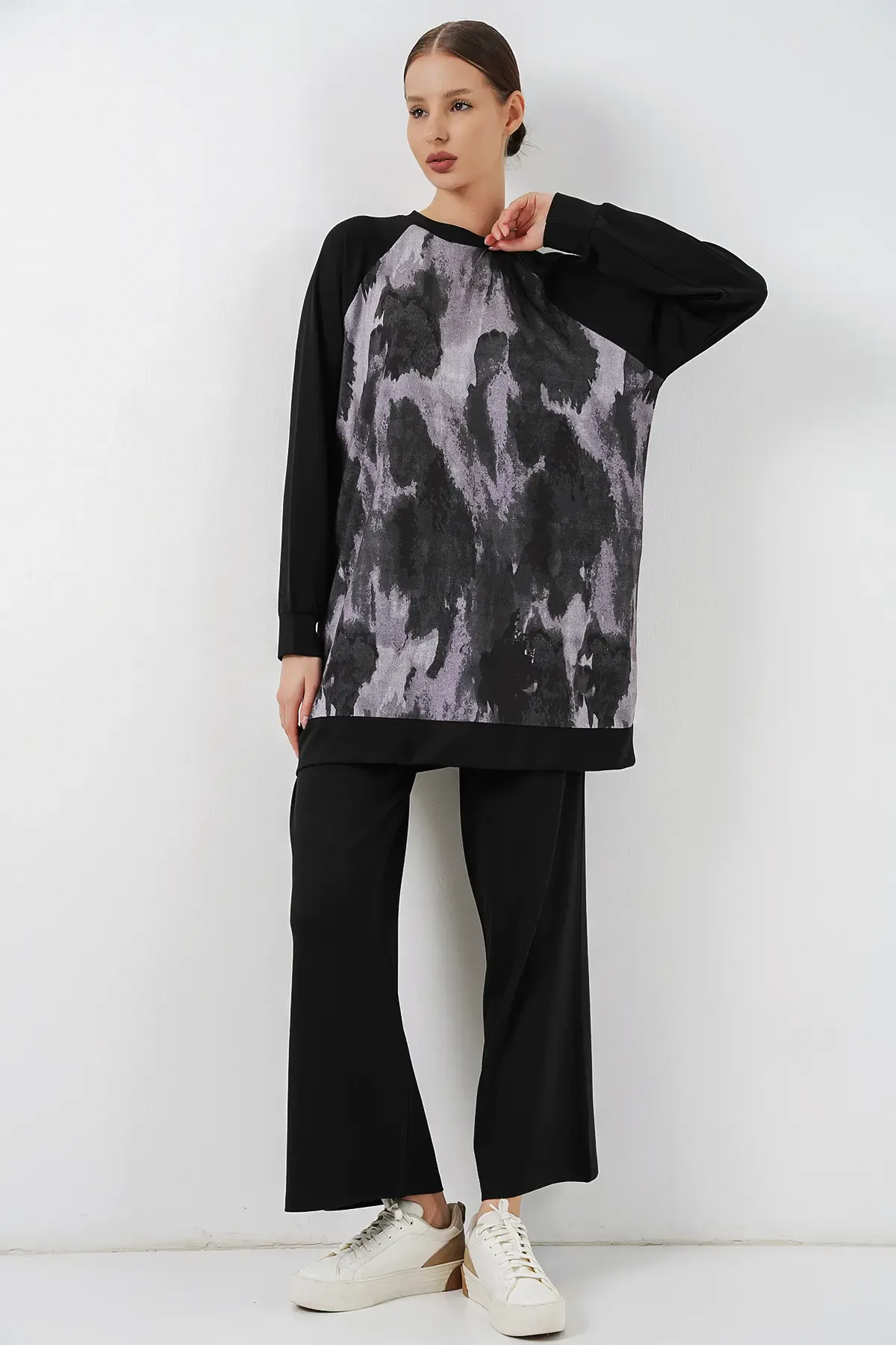 Kadın Desenli Oversize Tunik Pantolon İkili Takım 55462 - Siyah