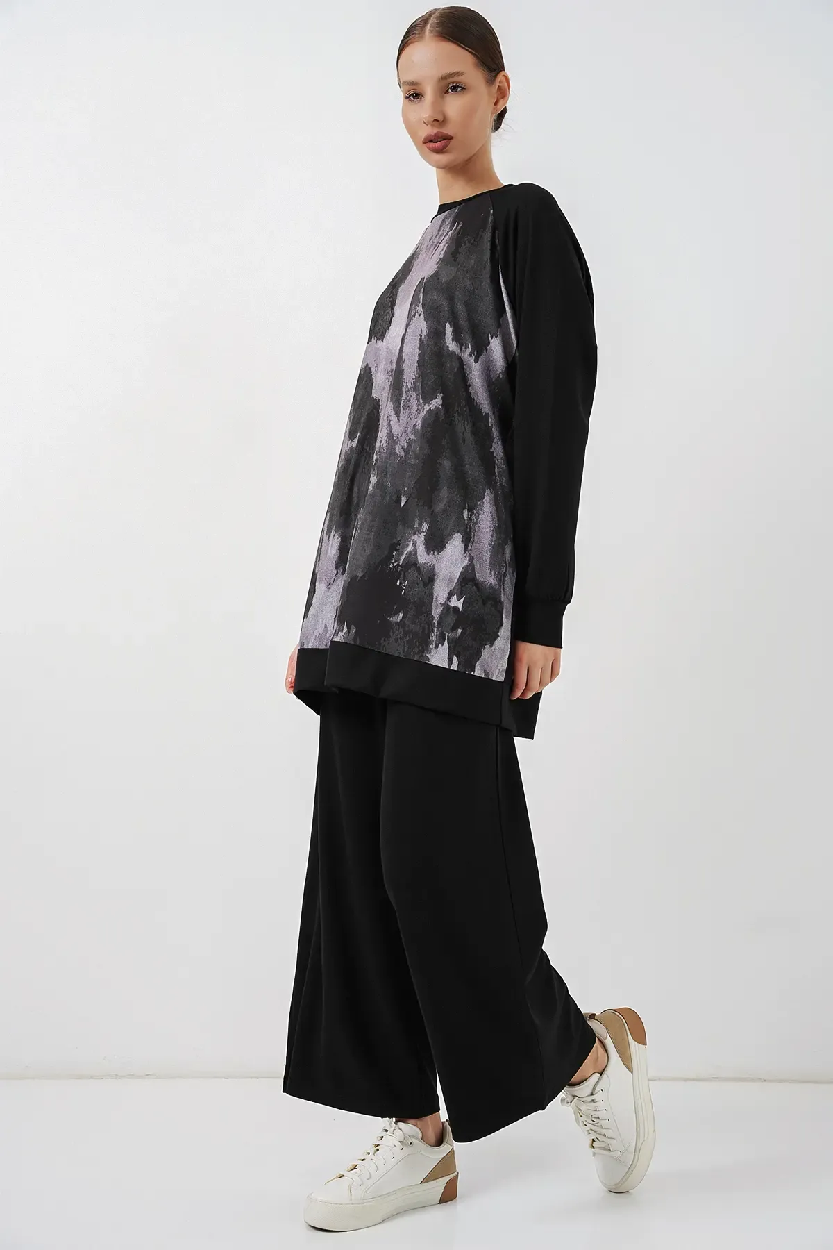 Kadın Desenli Oversize Tunik Pantolon İkili Takım 55462 - Siyah