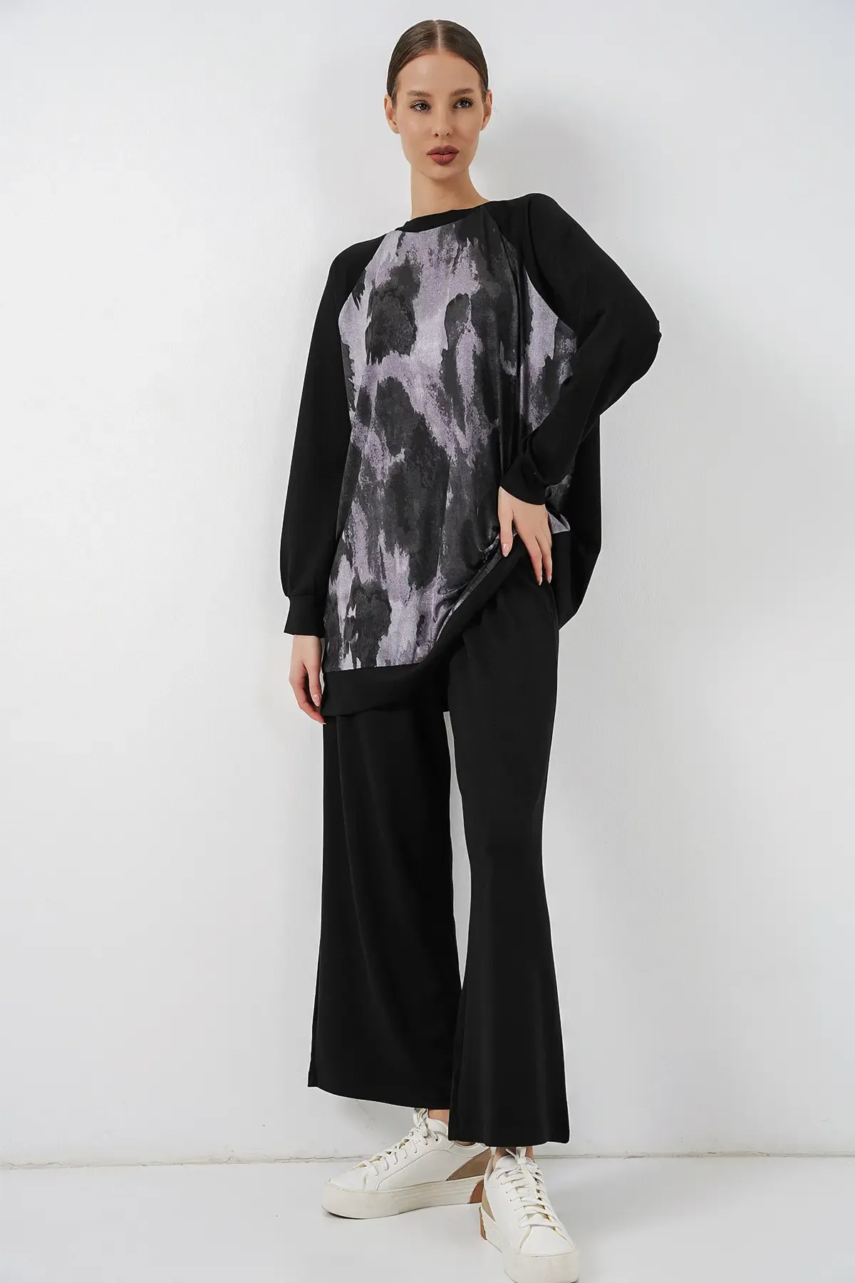 Kadın Desenli Oversize Tunik Pantolon İkili Takım 55462 - Siyah