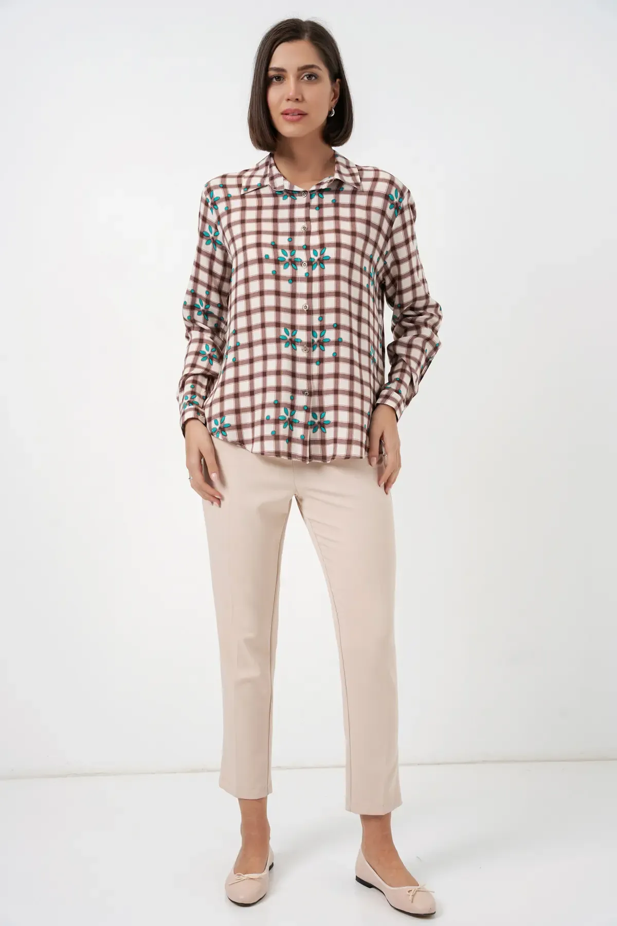 Kadın Desenli Oversize Viskon Gömlek 20371 - Kahverengi