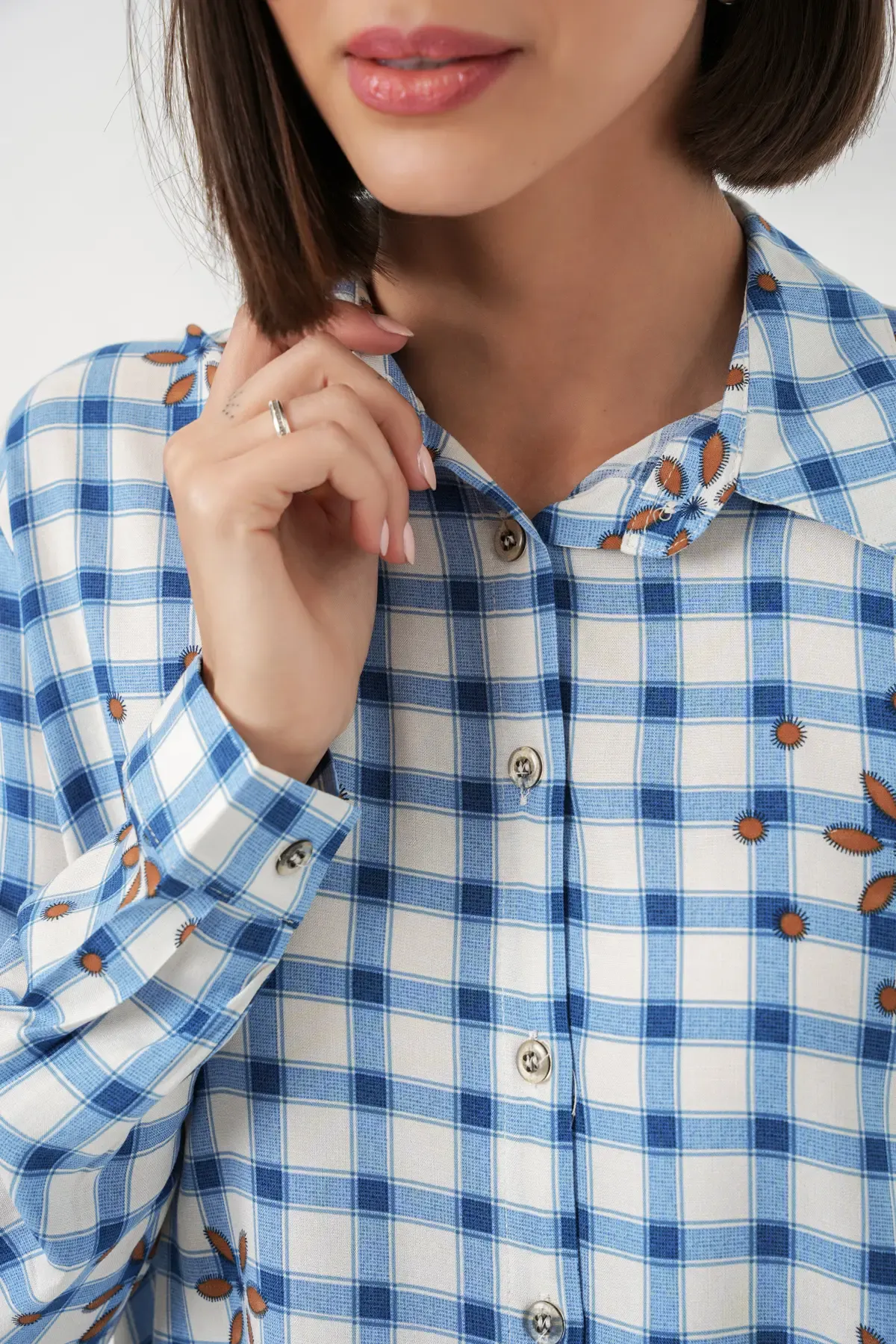 Kadın Desenli Oversize Viskon Gömlek 20371 - Mavi