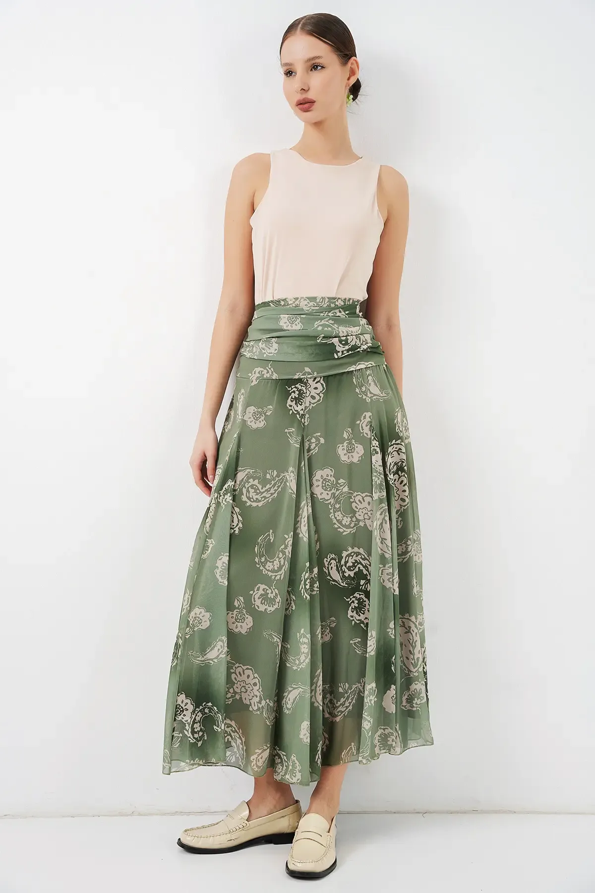 Kadın Desenli Şifon Etek 8057 - E.Yeşil