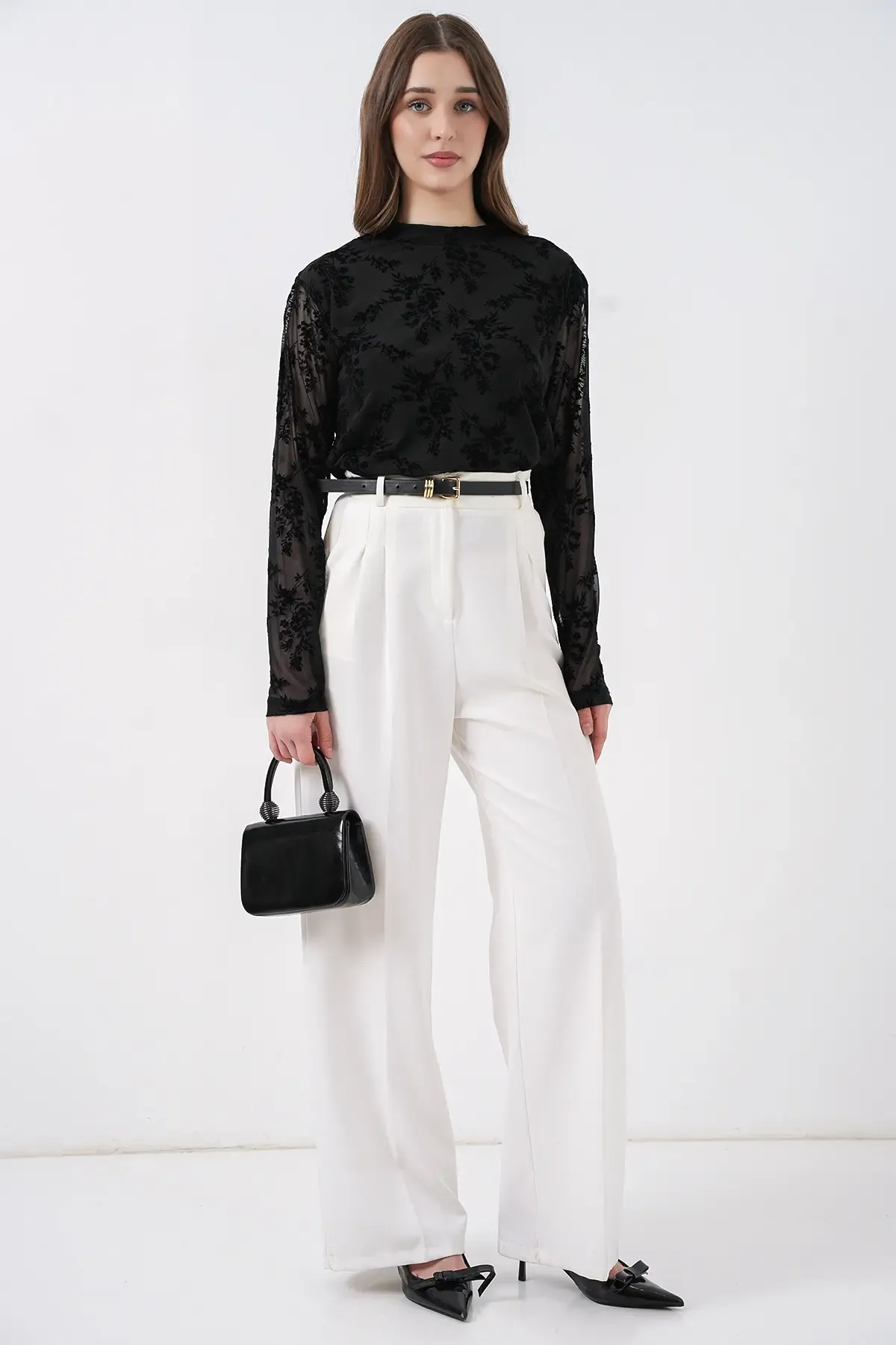 Kadın Desenli Uzun Kol Bluz 983 - Siyah