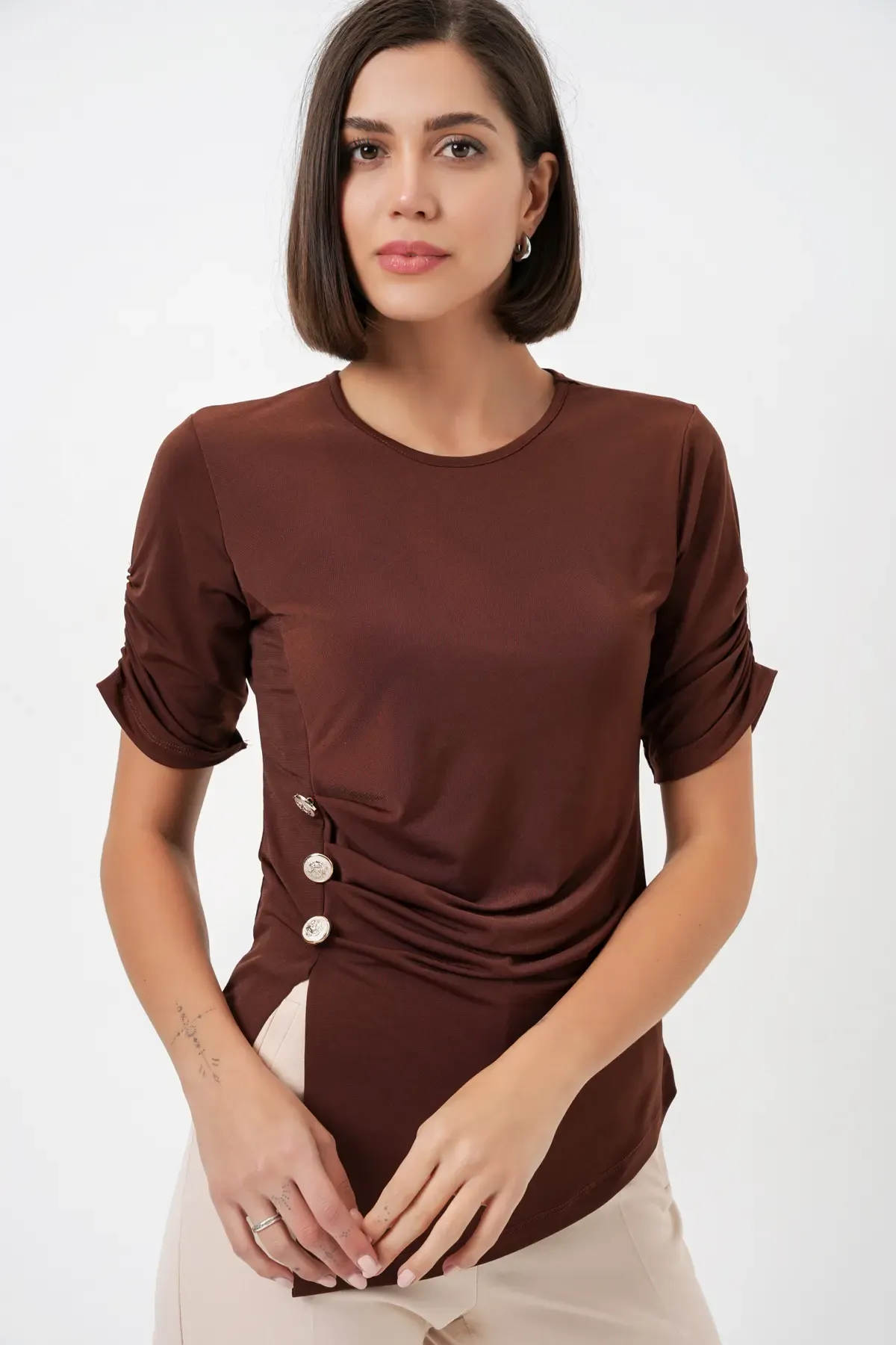 Kadın Düğme Detaylı Sandy Bluz 992 - Kahverengi