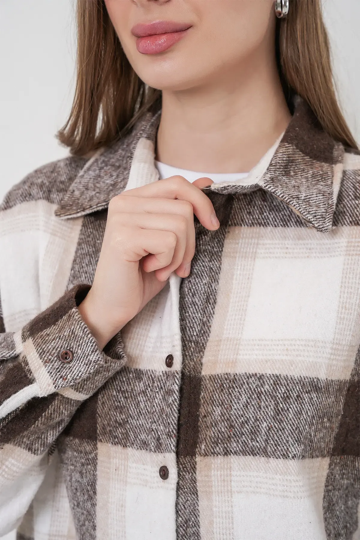 Kadın Ekose Desen Oversize Oduncu Gömlek 3854 Bisküvi