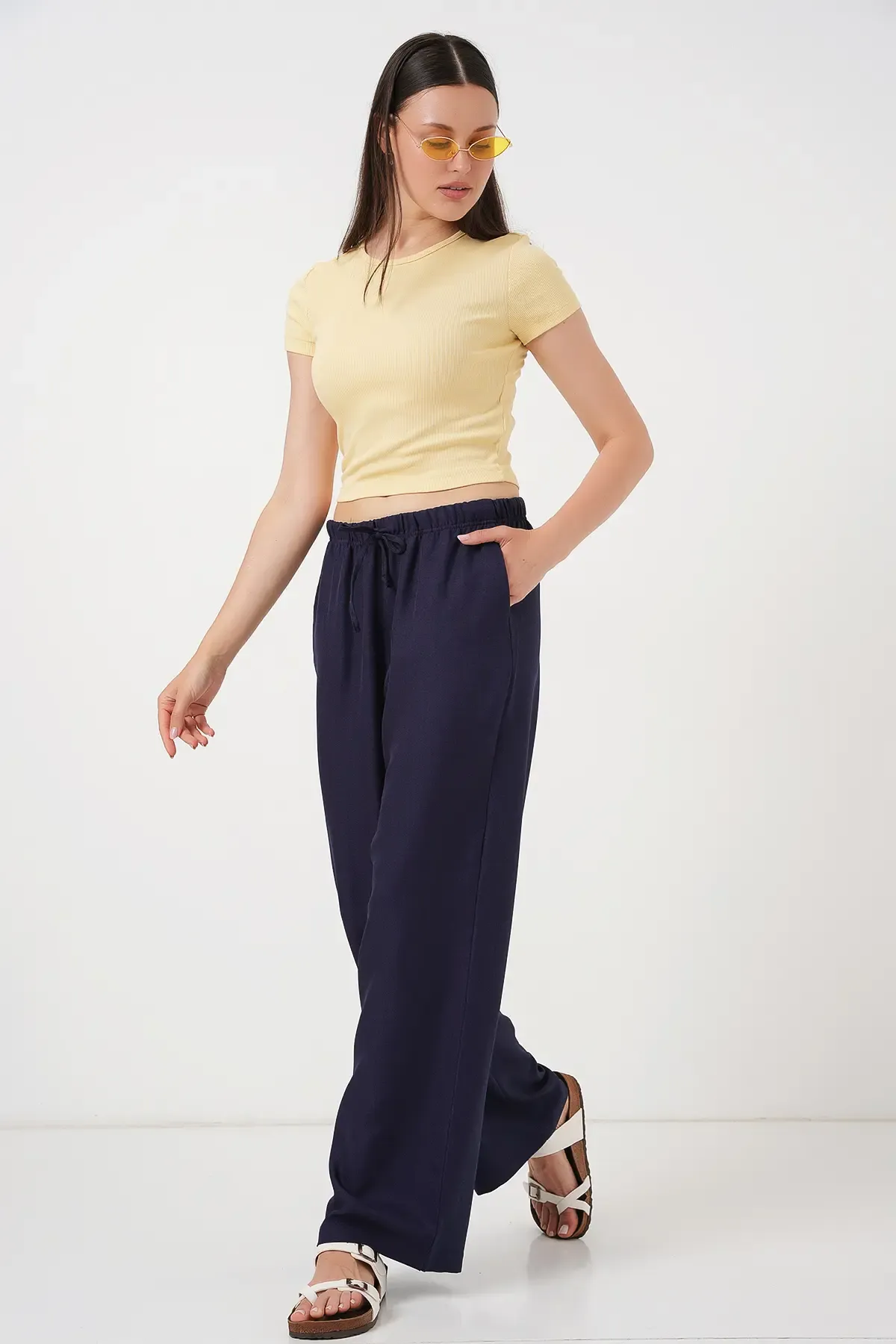 Kadın Geniş Paça Keten Pantolon 6735 - Lacivert