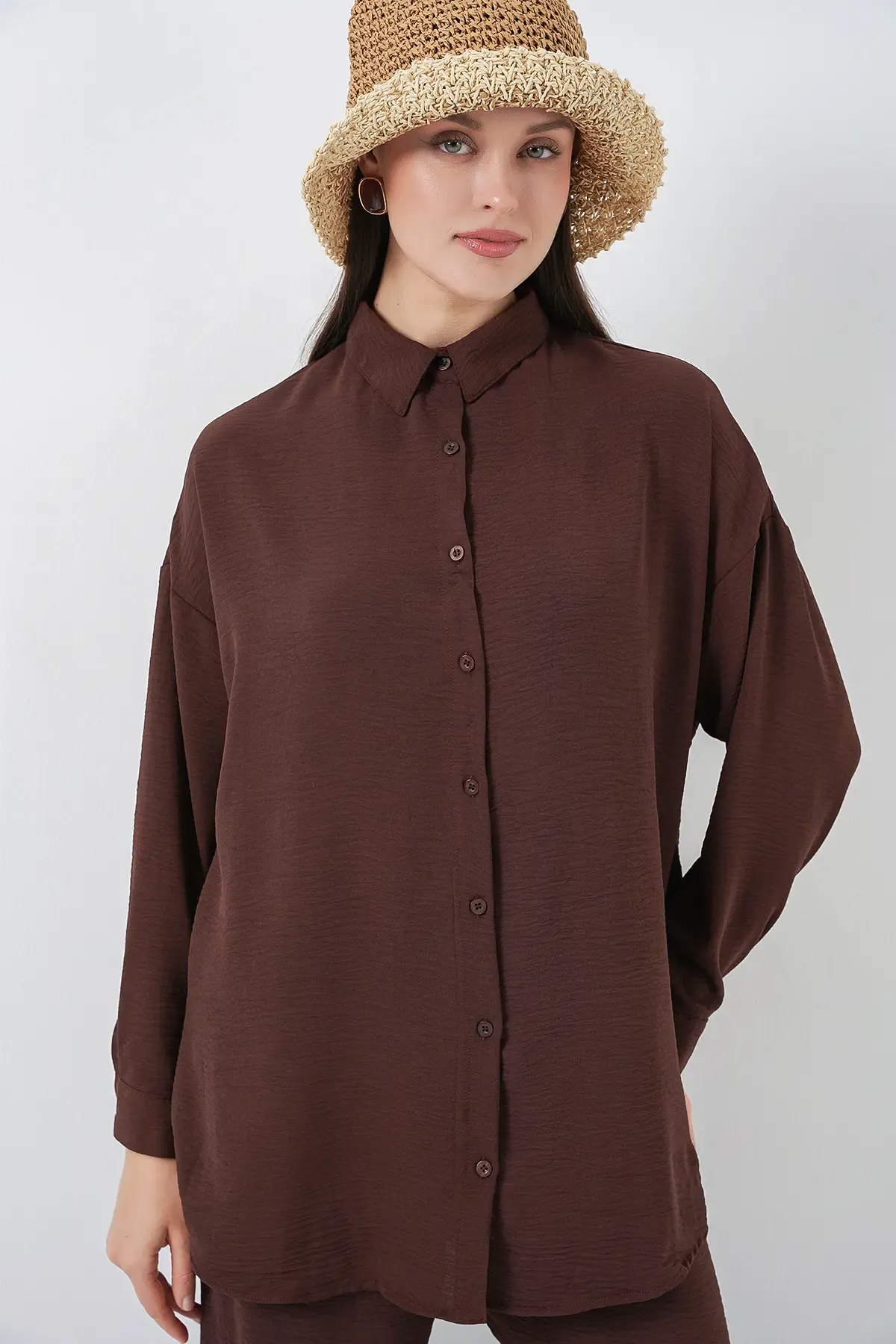 Kadın Gömlek Pantolon İkili Takım 30063 - Kahverengi