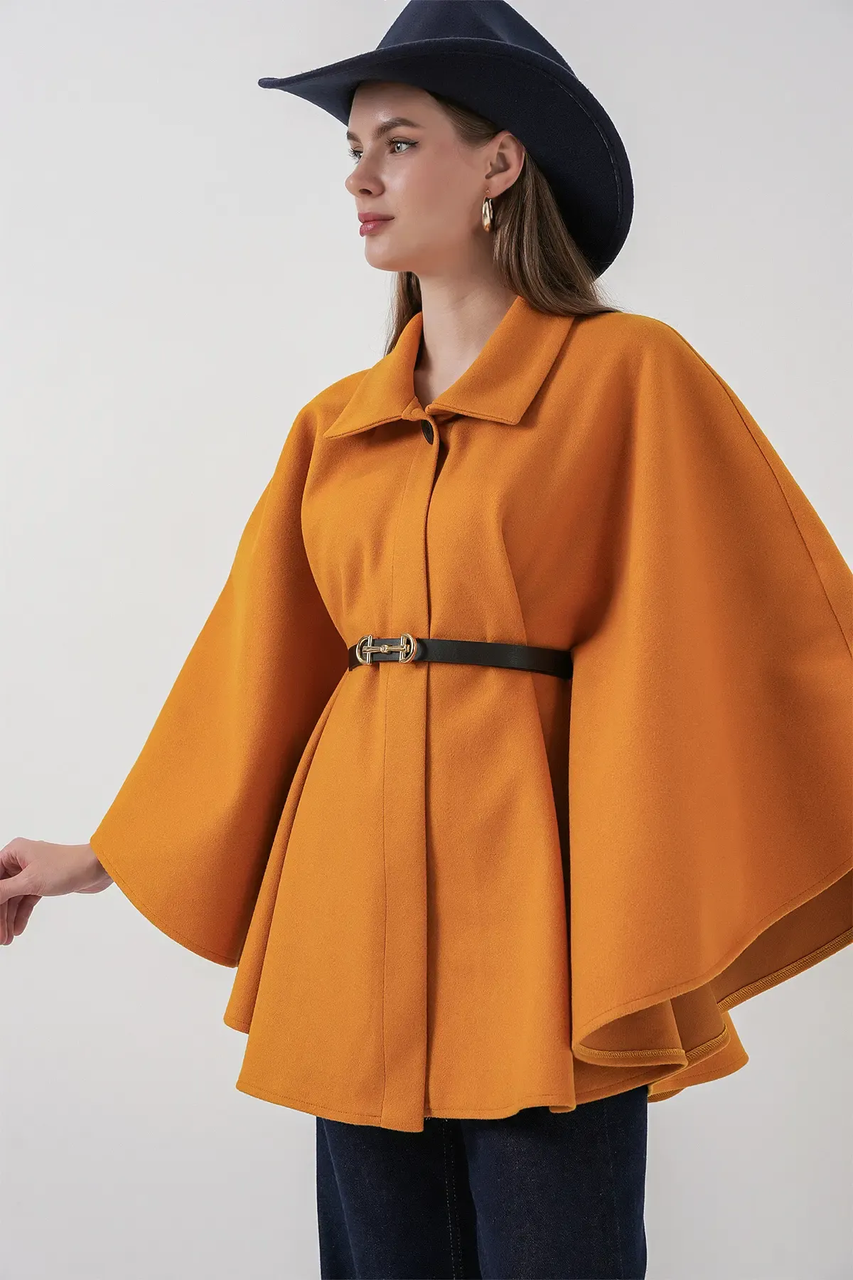 Kadın Kemerli Kaşe Panço 9170 - Hardal