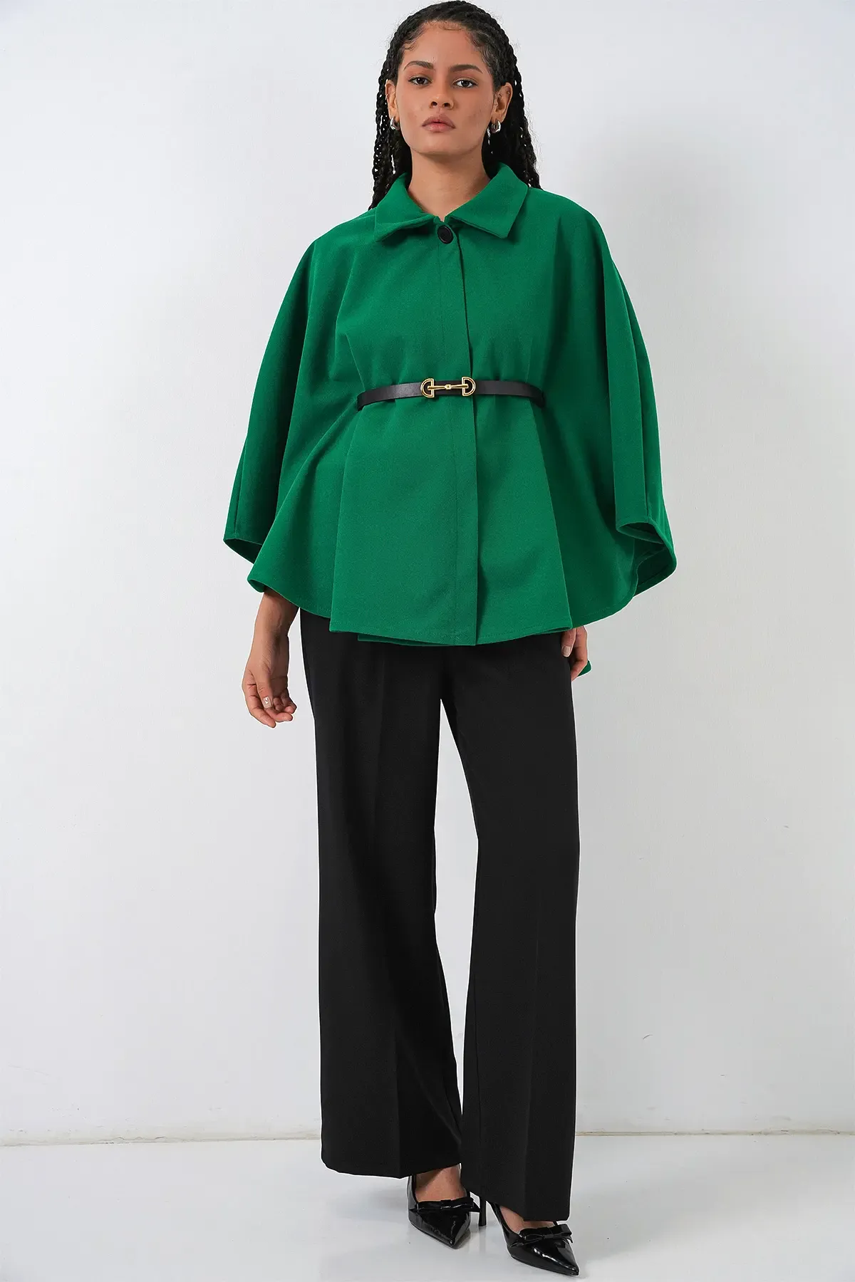 Kadın Kemerli Kaşe Panço 9170 - Koyu Yeşil