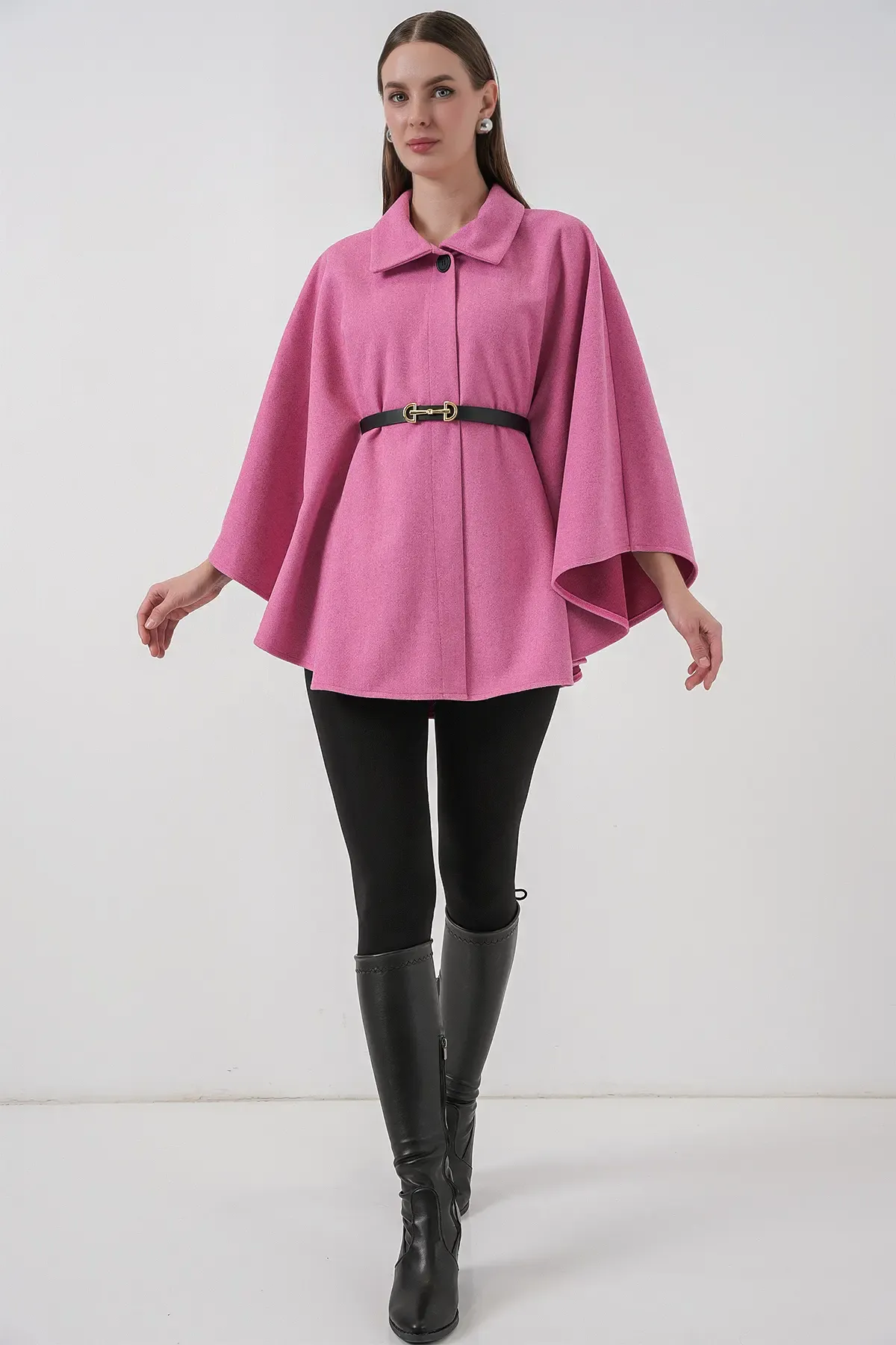 Kadın Kemerli Kaşe Panço 9170 - Pembe