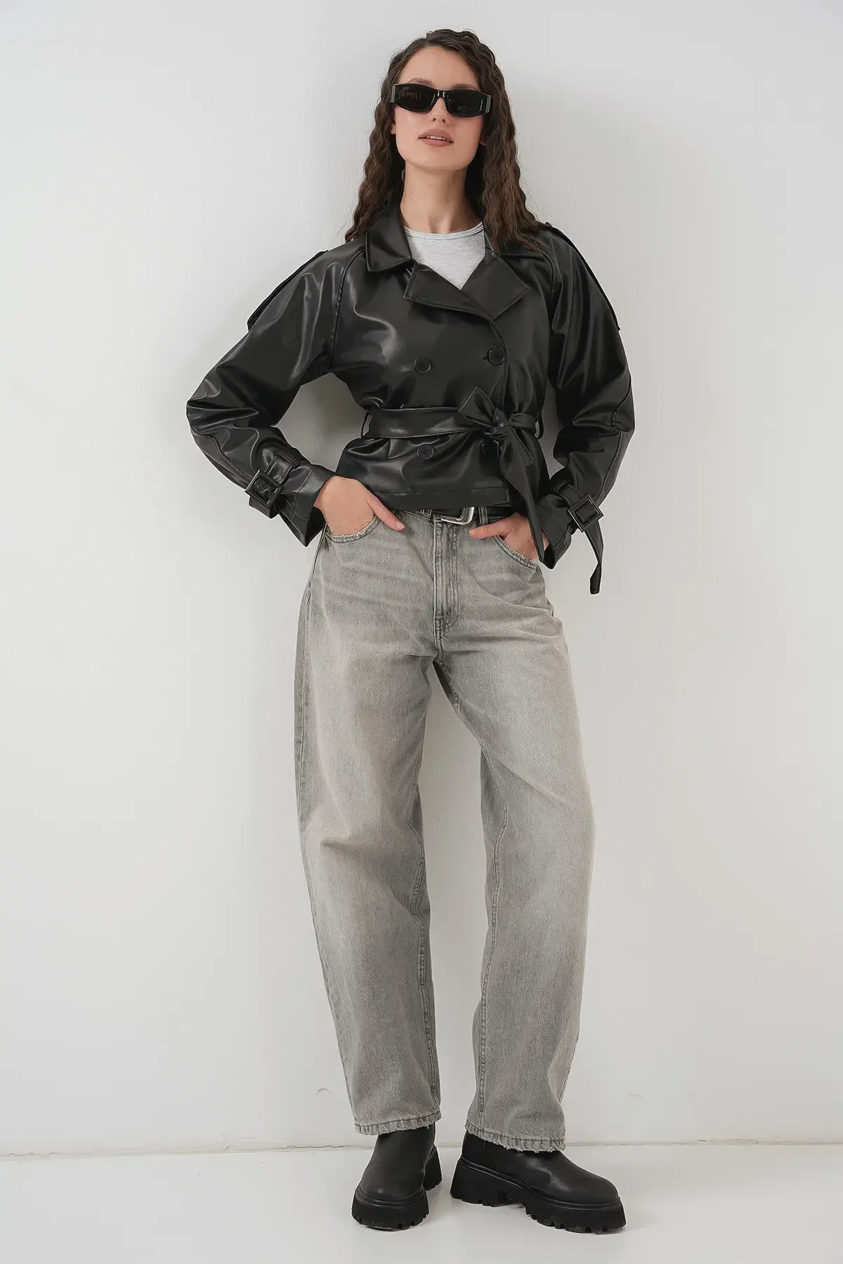 Kadın Kemerli Suni Deri Ceket 1046 - Siyah