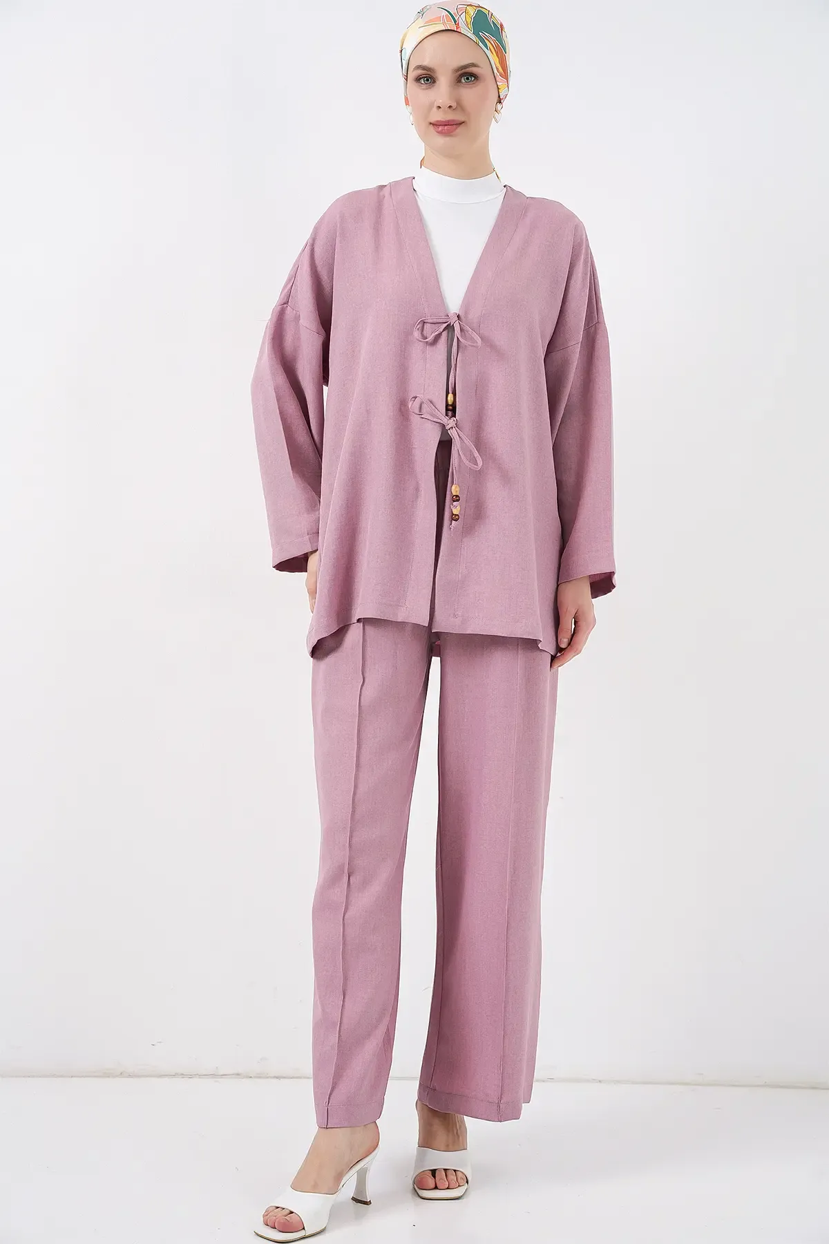 Kadın Keten Kimono İkili Takım 6727 - Gül Kurusu