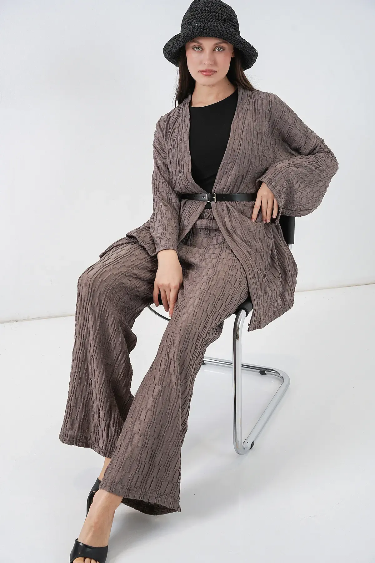 Kadın Kimono Pantolon İkili Takım 30078 - Füme