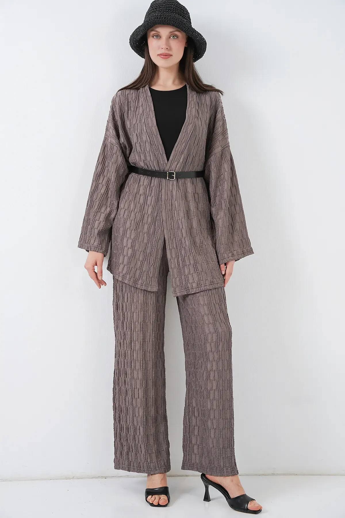 Kadın Kimono Pantolon İkili Takım 30078 - Füme