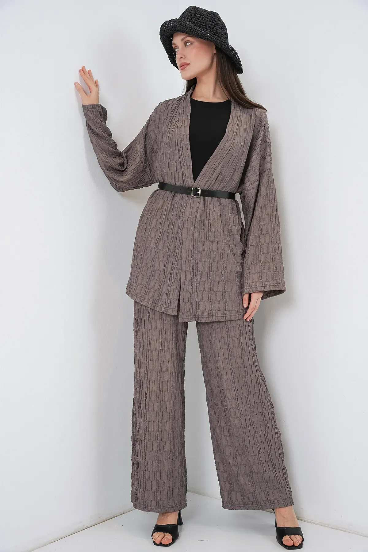 Kadın Kimono Pantolon İkili Takım 30078 - Füme