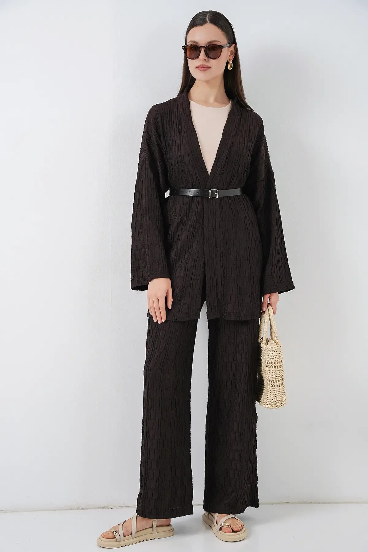 Kadın Kimono Pantolon İkili Takım 30078 - Kahverengi